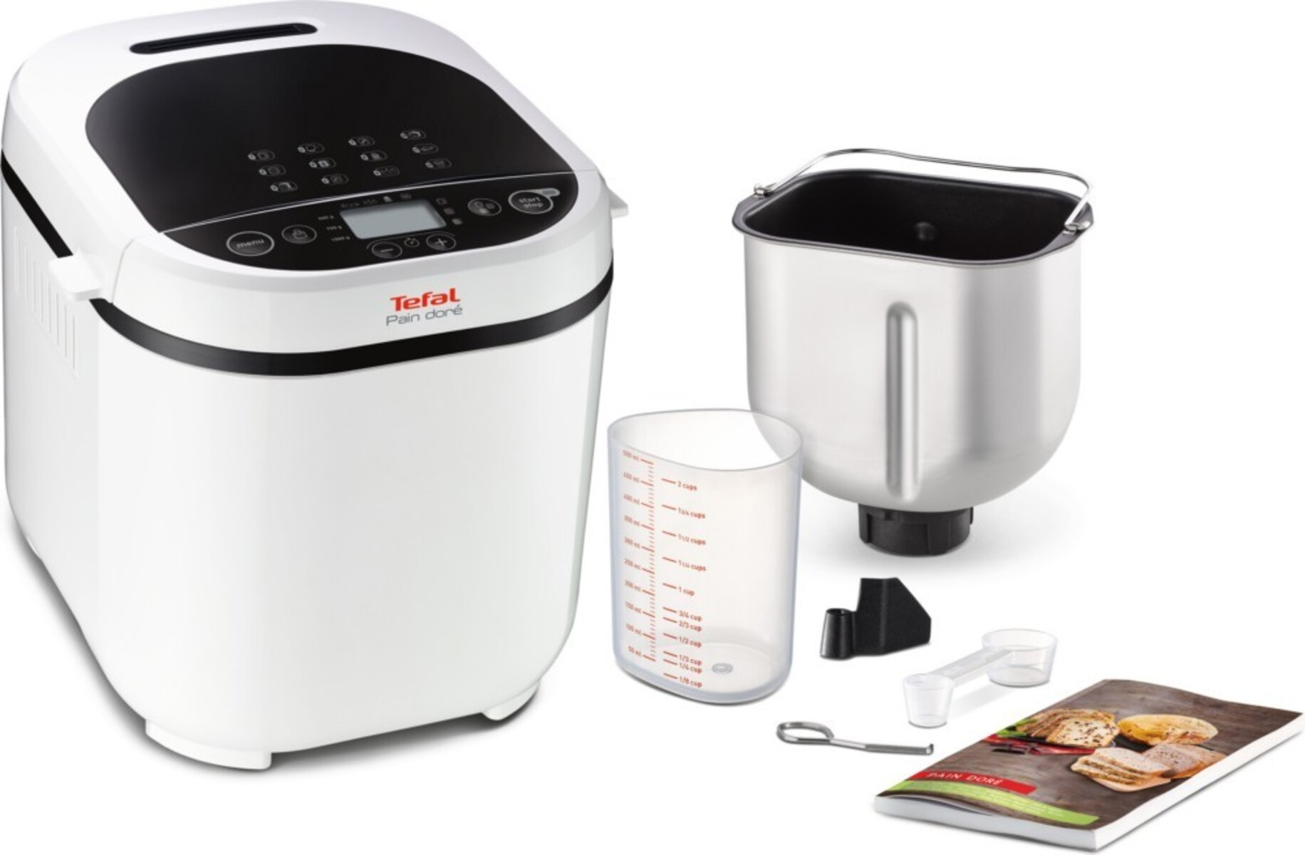 Una macchina per il pane Tefal Pain doré bianca con accessori come un misurino, una teglia e un manuale sono su una superficie bianca.