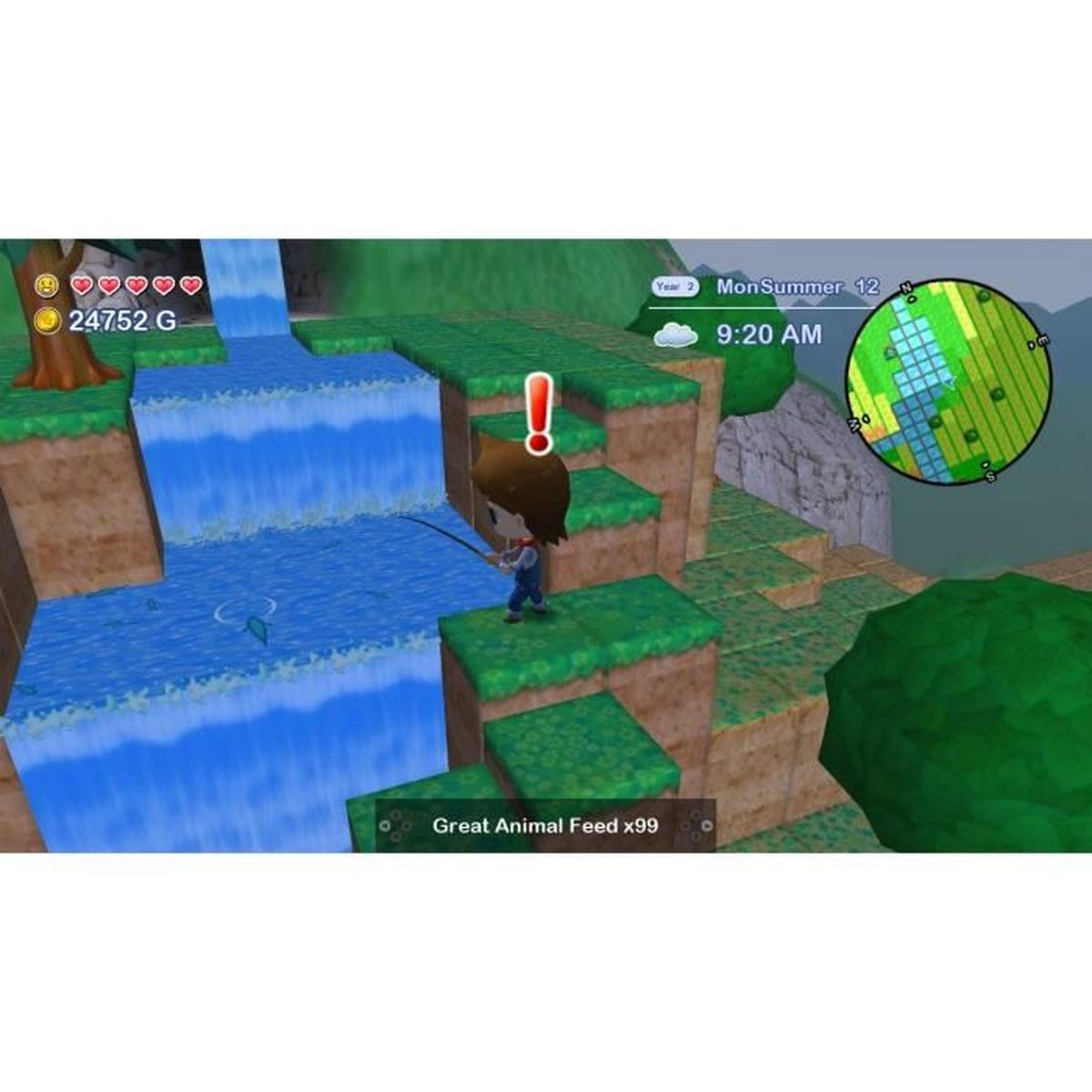 Eine Figur fischt in der Nähe eines Wasserfalls. Die Spieloberfläche zeigt Zeit, Karte und Ressourcen.