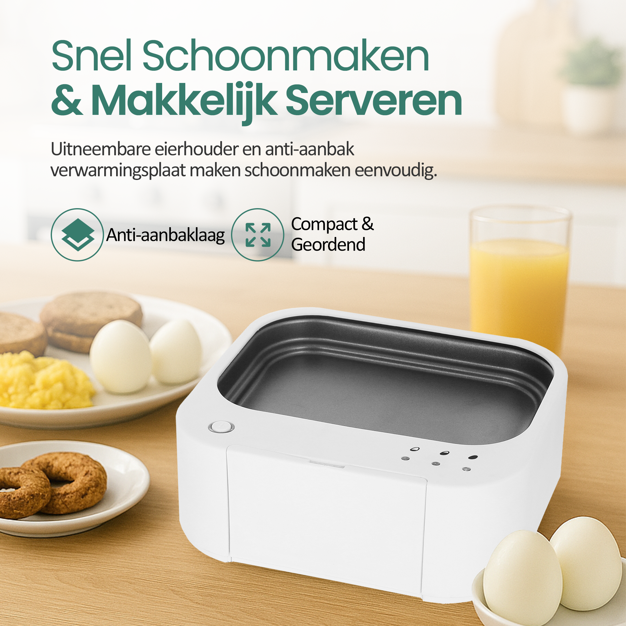 Weißes Gerät mit Kochfläche. Teller mit Essen, Eiern und Orangensaft stehen auf einer Holzoberfläche. Text auf Niederländisch.