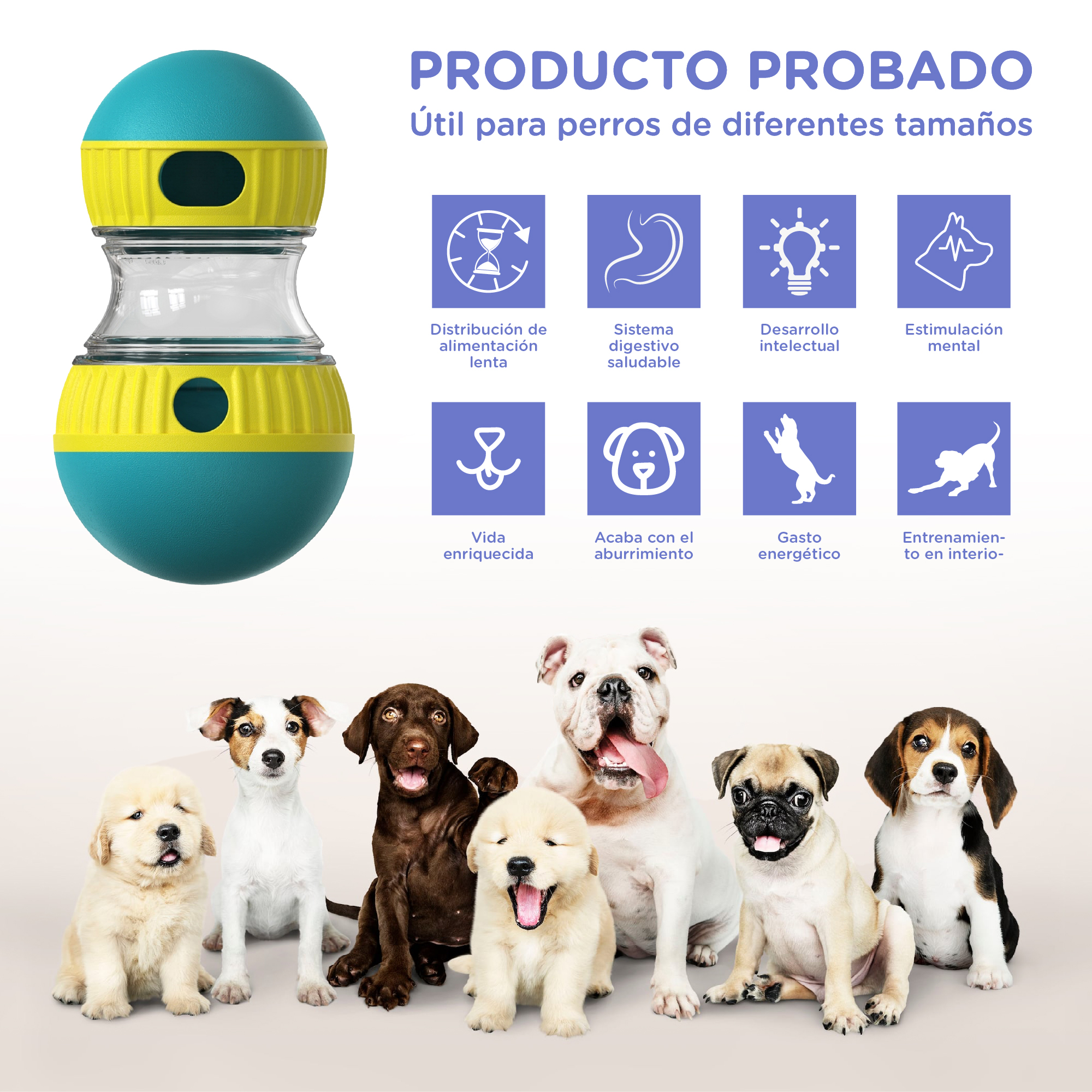 Un juguete para perros con diseño azul y amarillo se muestra con siete perros de varias razas. La imagen incluye iconos y texto.