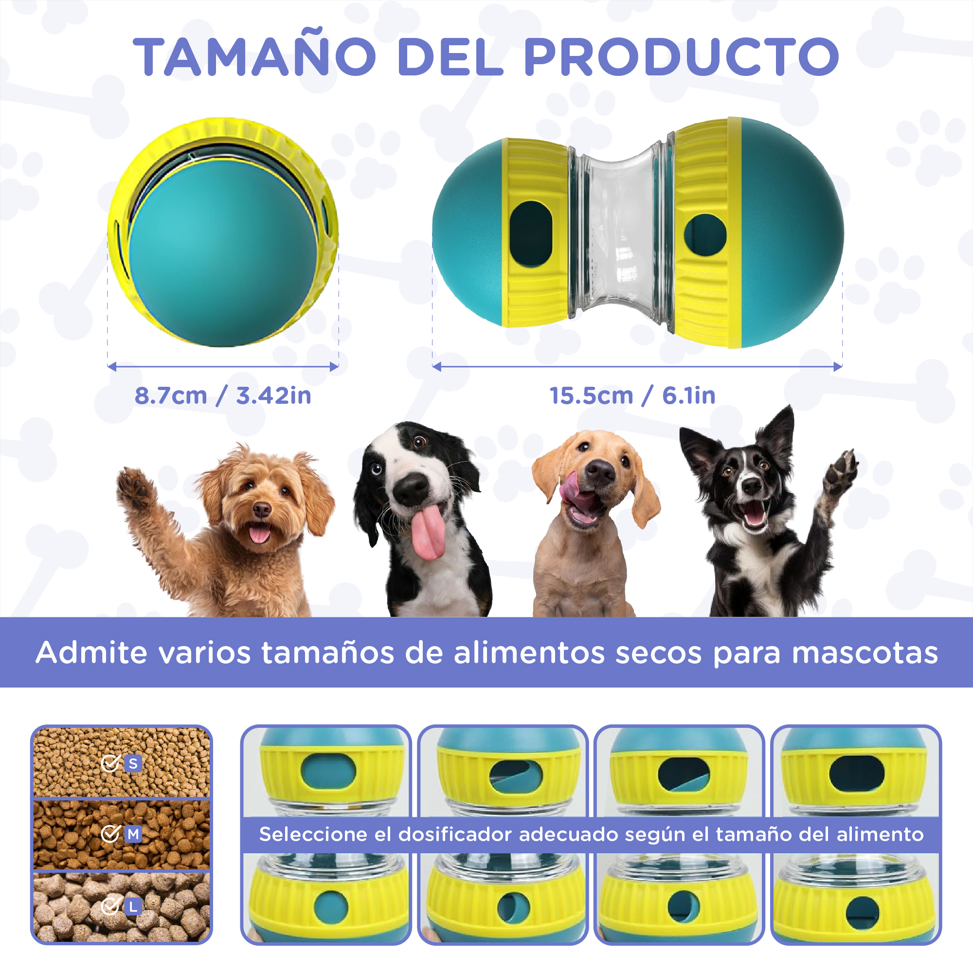 Se muestra un juguete para perros con un diseño azul y amarillo. Varios perros están al frente. El texto indica tamaño y compatibilidad alimentaria.