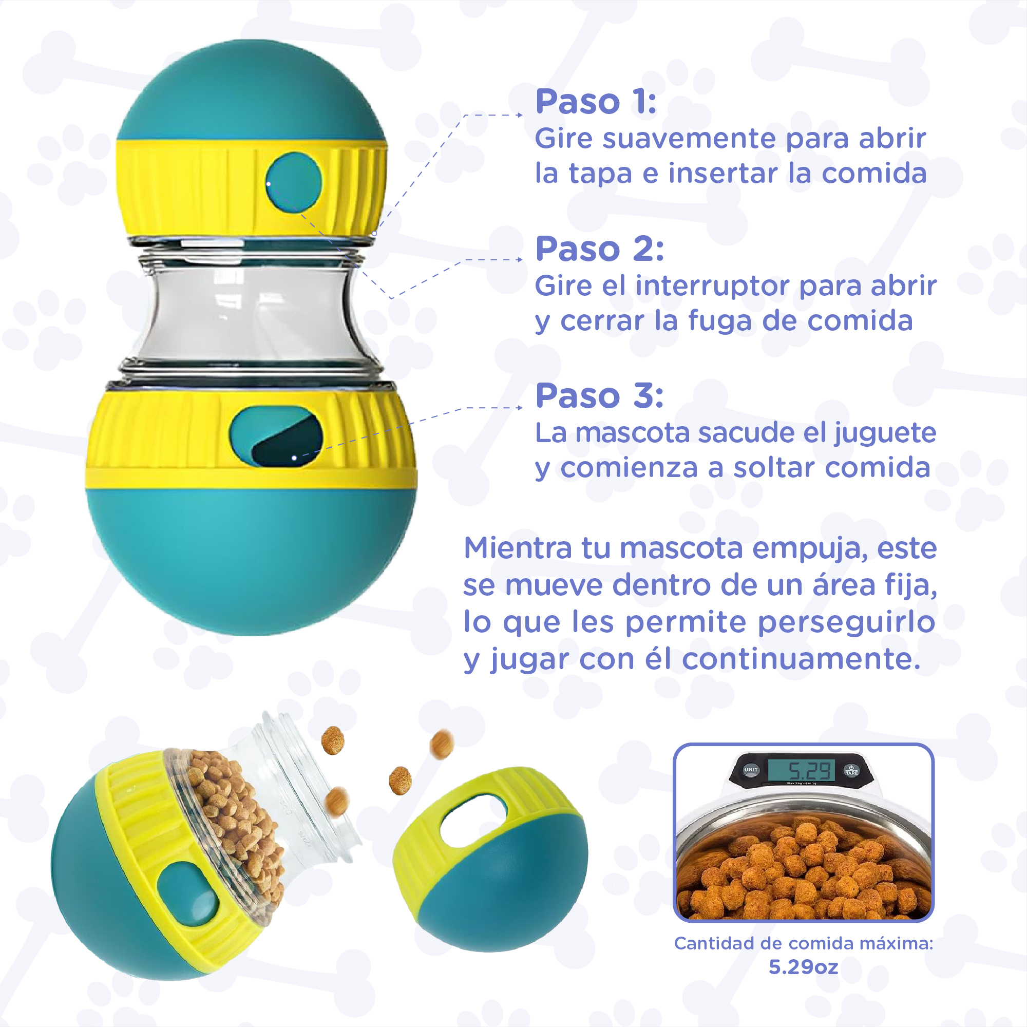Un juguete para perros con instrucciones. Es una pelota azul y amarilla. Incluye un cuenco con comida y texto.