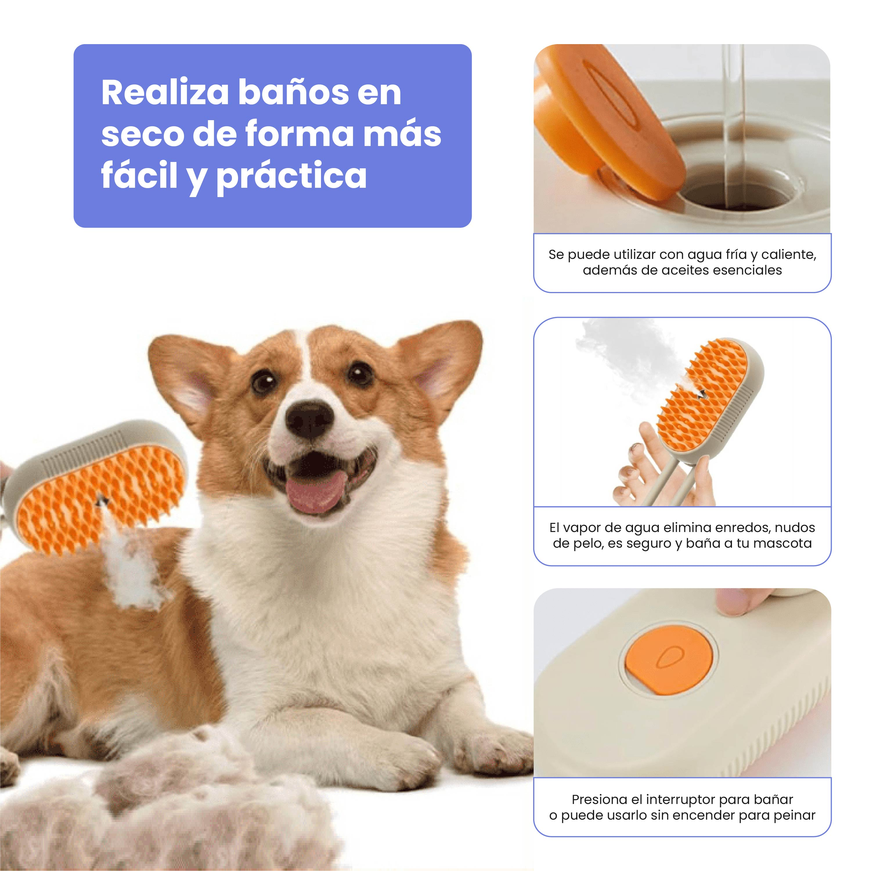 Un perro Corgi está siendo acicalado con un cepillo especial. Hay imágenes de primer plano del cepillo y texto sobre el producto.