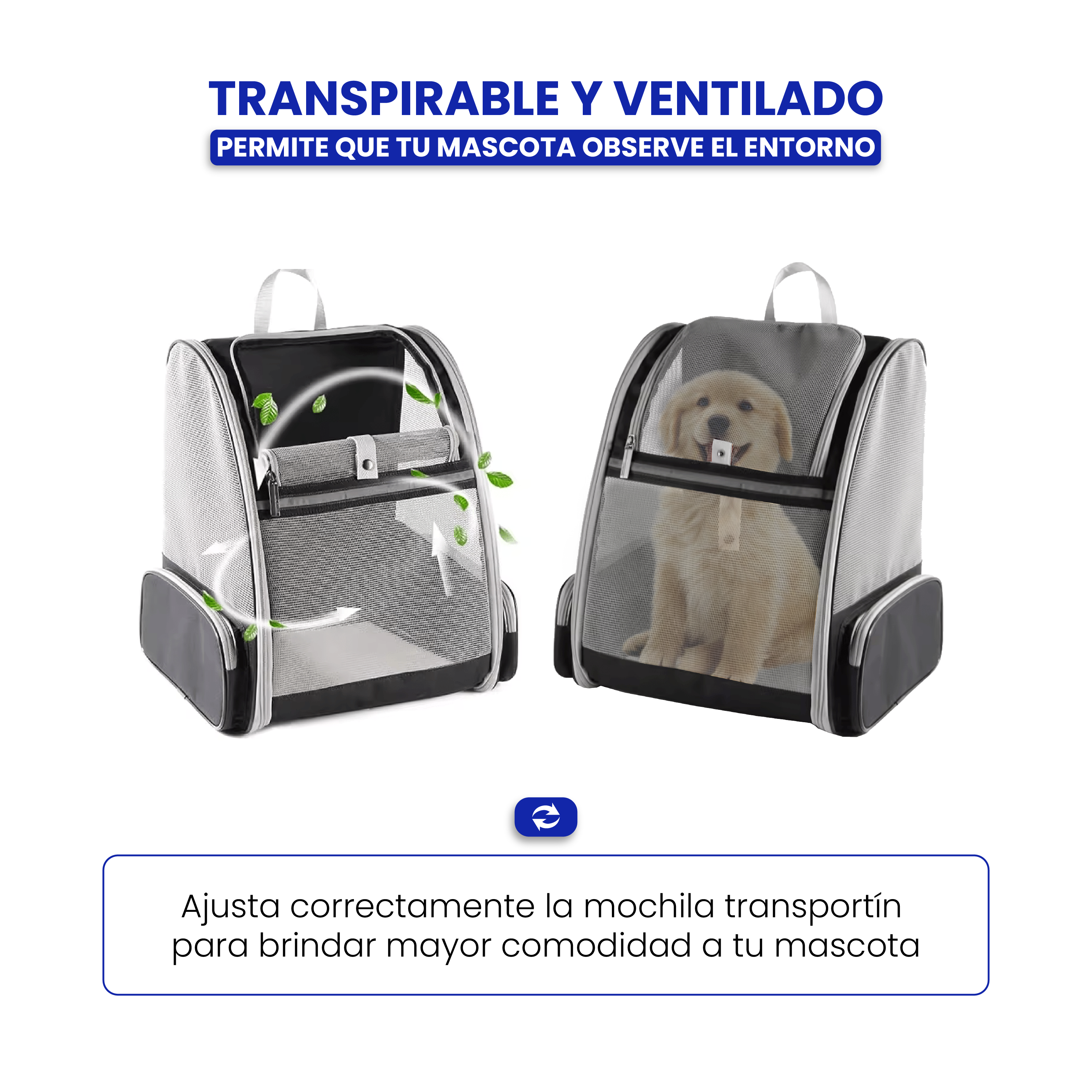 Dos transportines para mascotas, uno vacío, otro con un perro. El texto dice "Transpirable y ventilado".