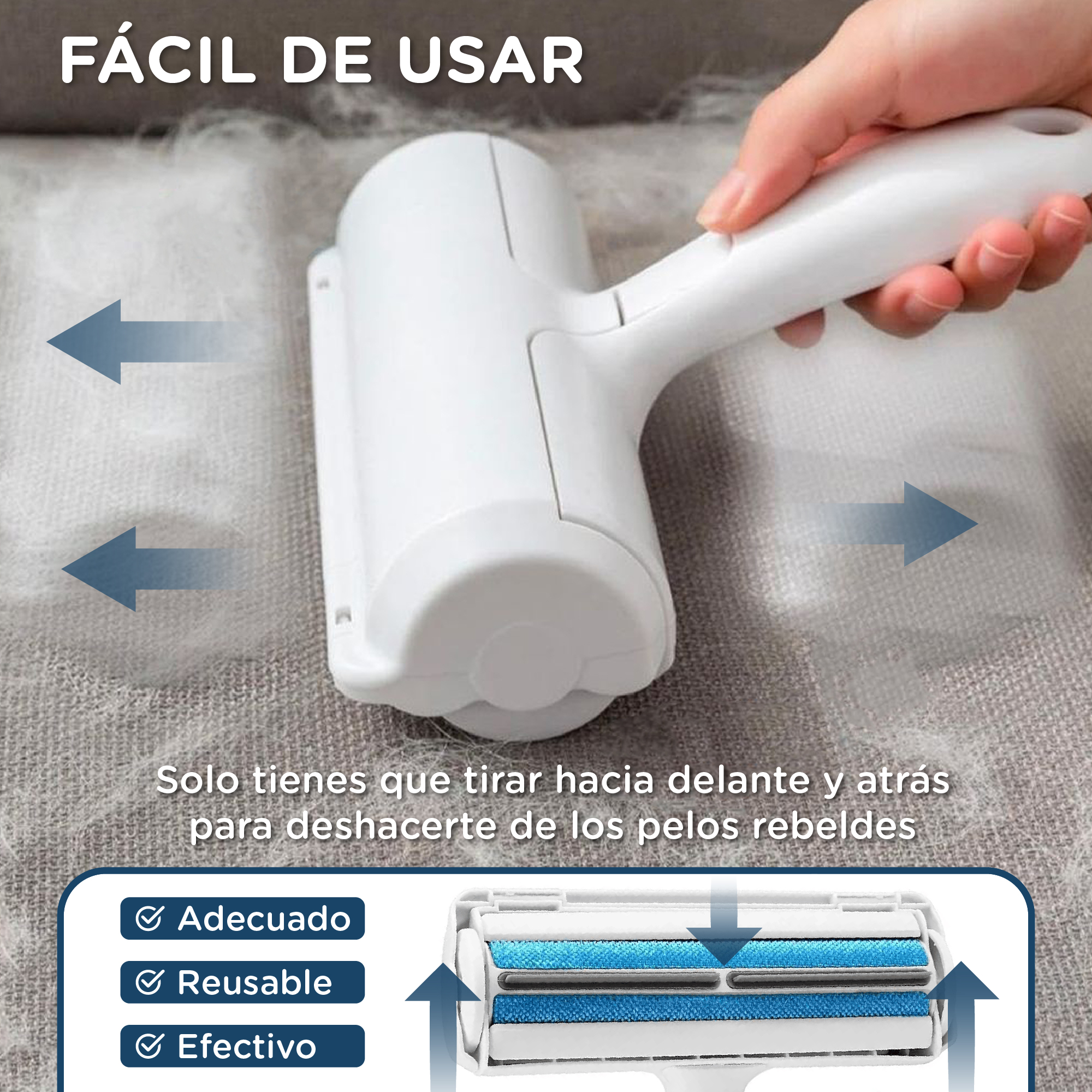 Un quitapelos blanco para mascotas se usa en una superficie gris. Tiene rodillos azules y una mano que lo sostiene. El texto destaca características.