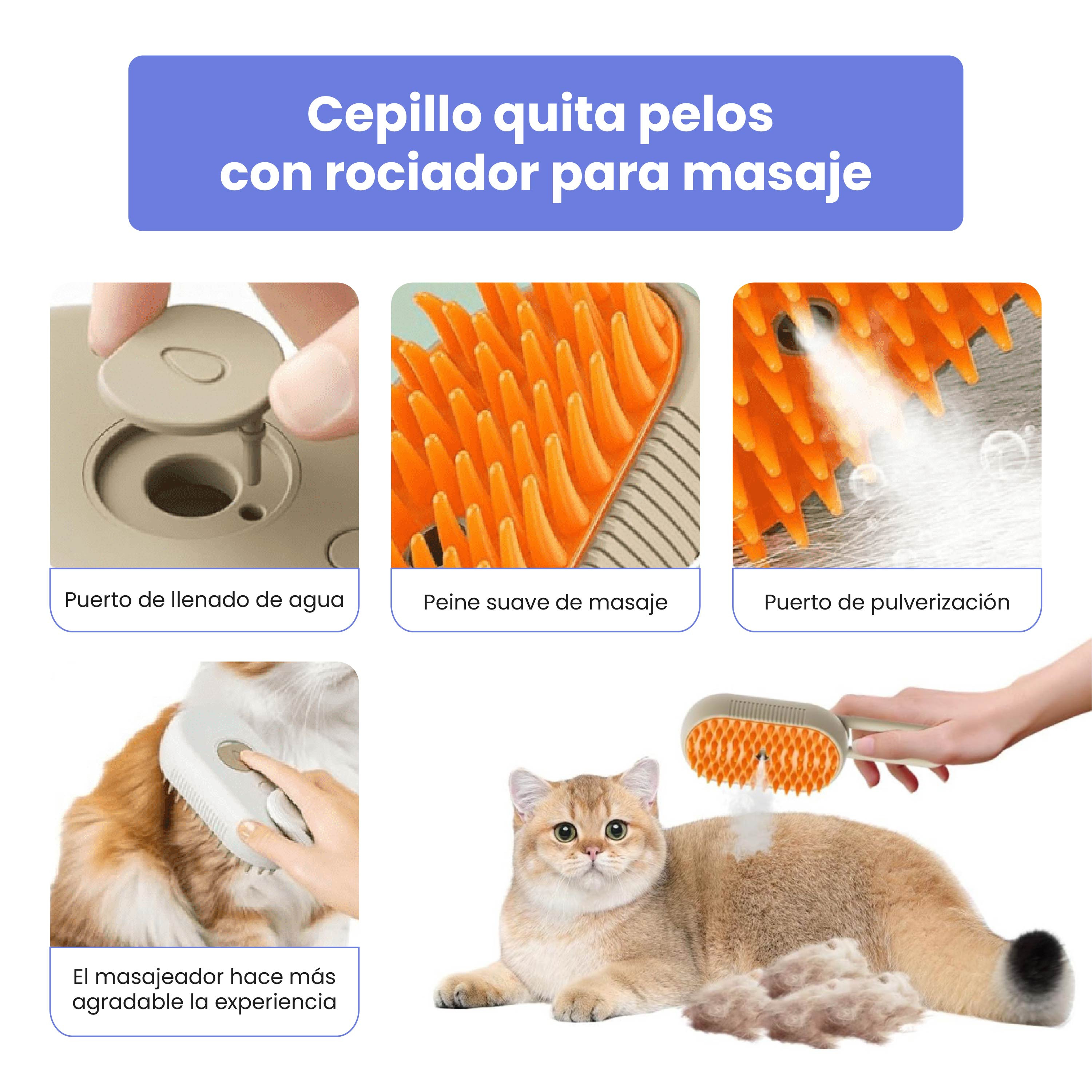 La imagen muestra un cepillo para mascotas con rociador de agua. Hay detalles del cepillo y se está acicalando a un gato.