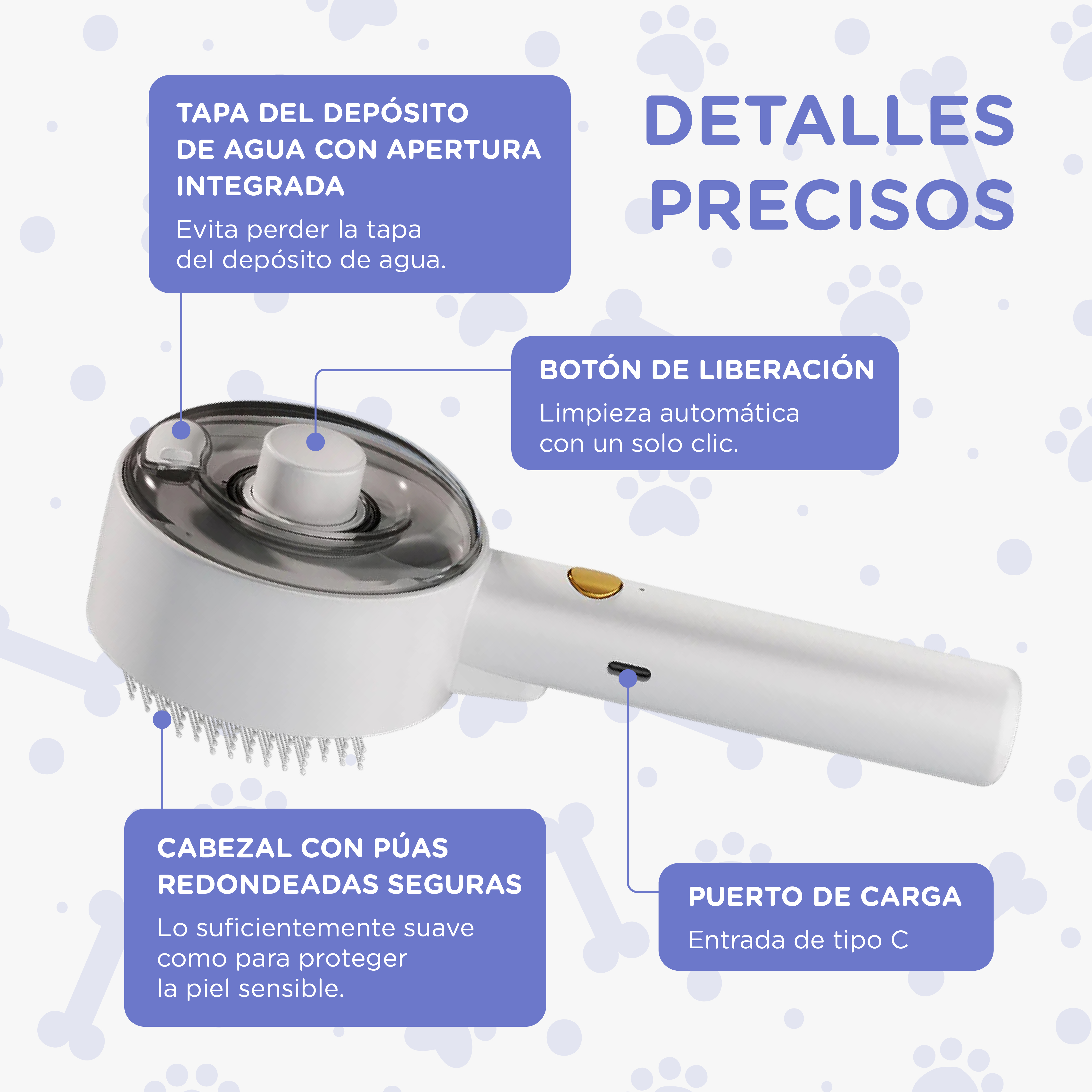 Un cepillo blanco para mascotas con púas redondeadas y un botón. El texto en español describe sus características.