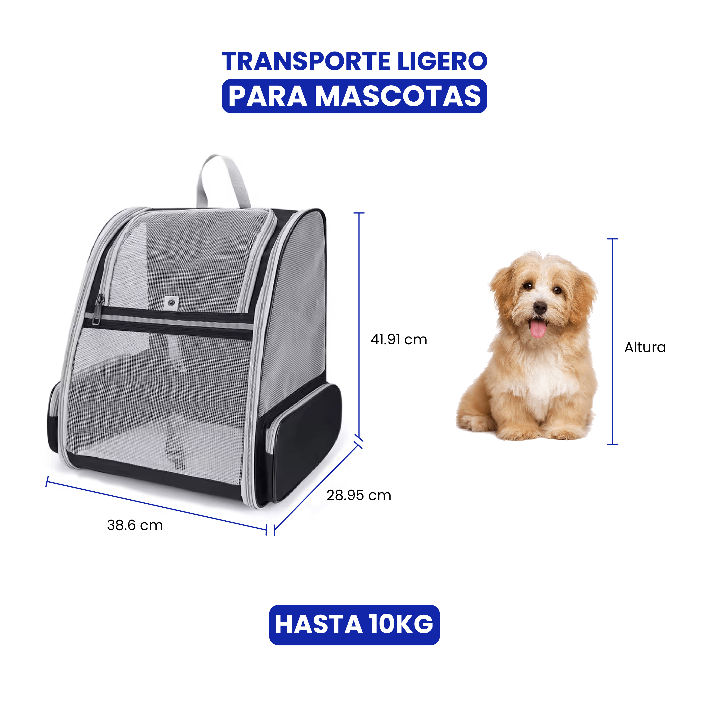 Un transportín con medidas y un perro pequeño. Texto: 'Transporte Ligero Para Mascotas' y 'Hasta 10KG'.