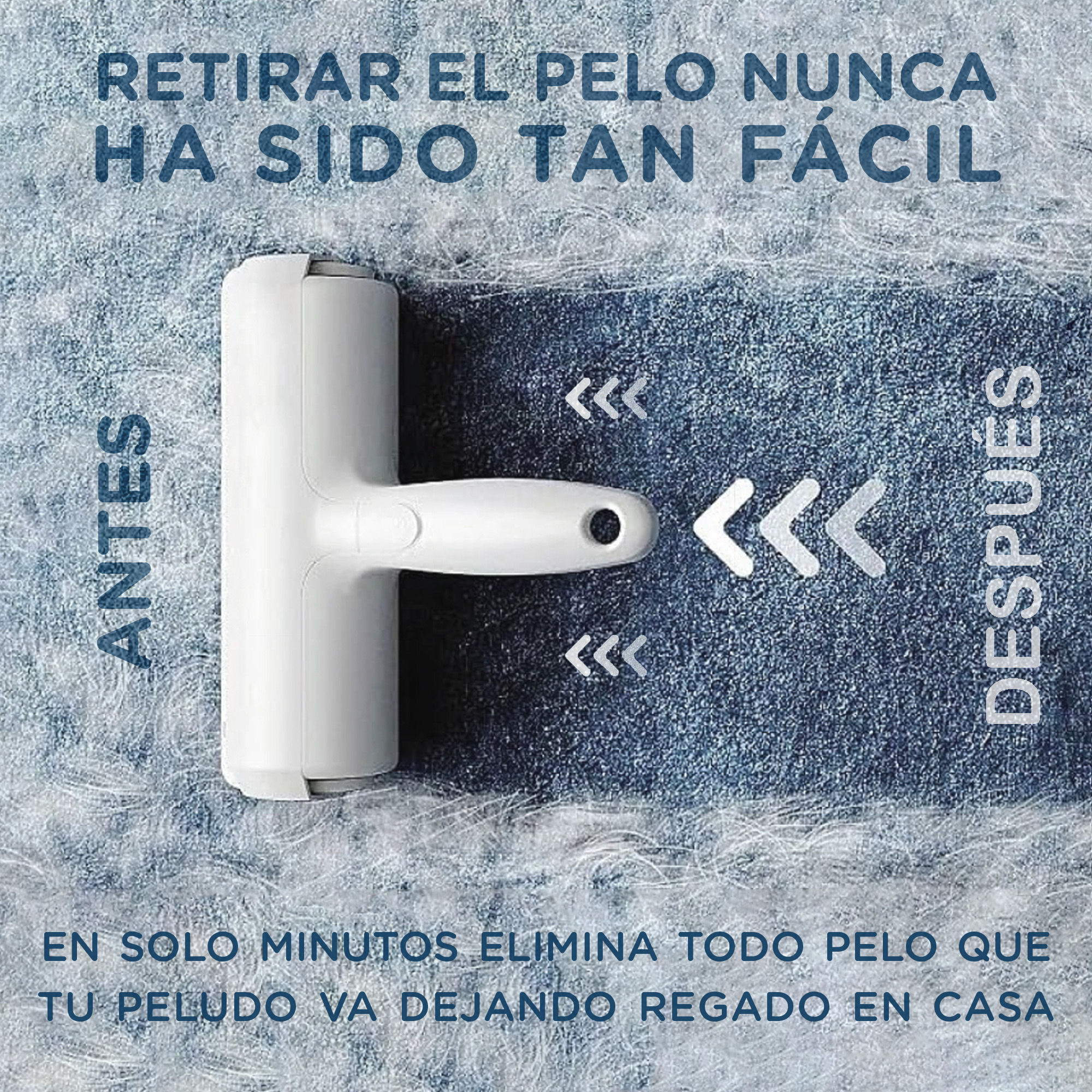 Un quitapelos blanco para mascotas sobre una superficie azul. El texto dice que quitar el pelo de las mascotas nunca ha sido tan fácil.