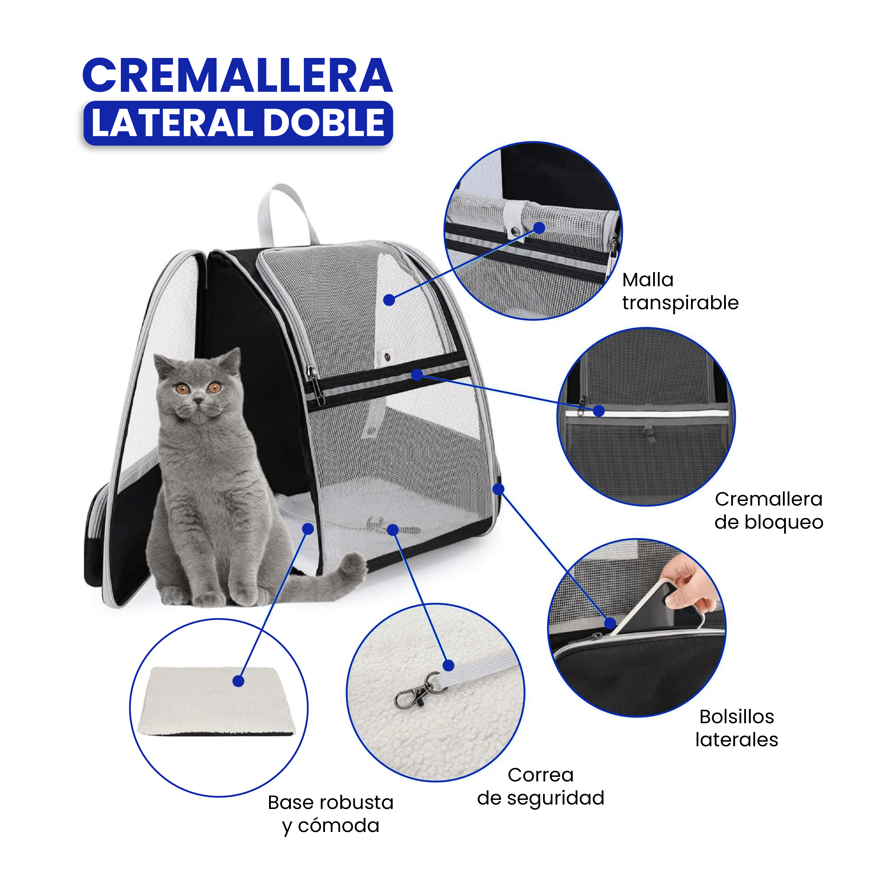 Un gato gris dentro de un transportín blanco y negro. Detalles: malla, cremalleras, correa de seguridad y bolsillos laterales.