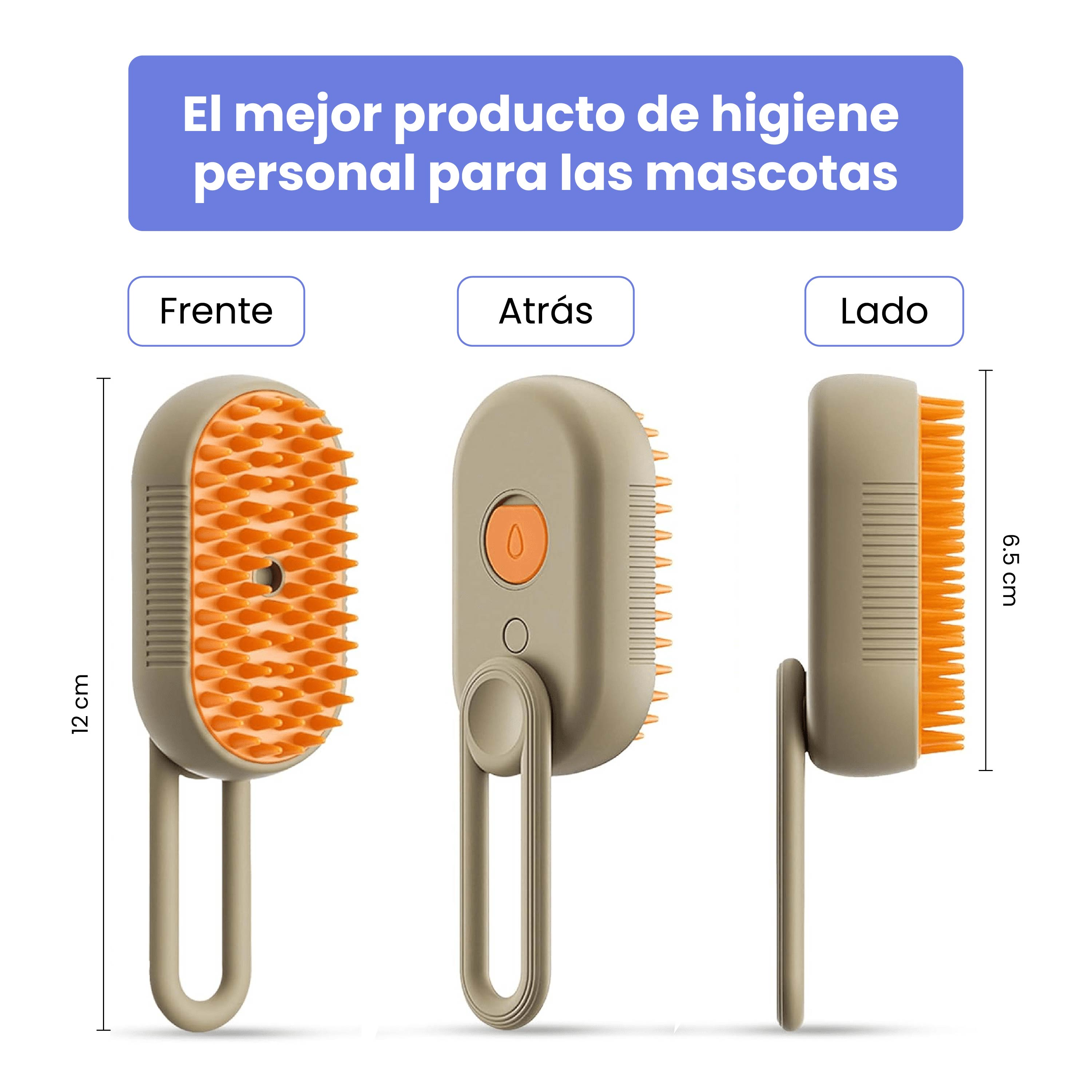 Tres vistas de un cepillo de aseo para mascotas. Es gris con cerdas naranjas. El texto en español dice: "El mejor producto de higiene personal para mascotas."