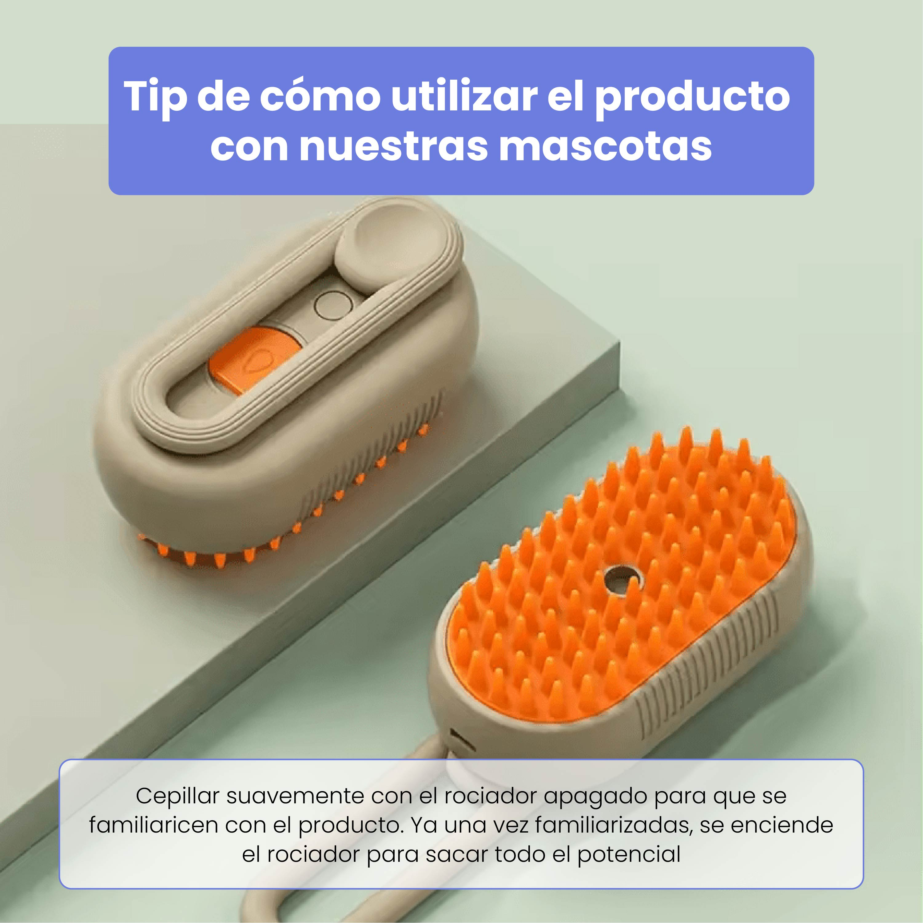 Dos cepillos para mascotas, uno con cerdas naranjas, sobre una superficie verde claro. El texto superior dice: Consejo sobre cómo usar el producto con nuestras mascotas.