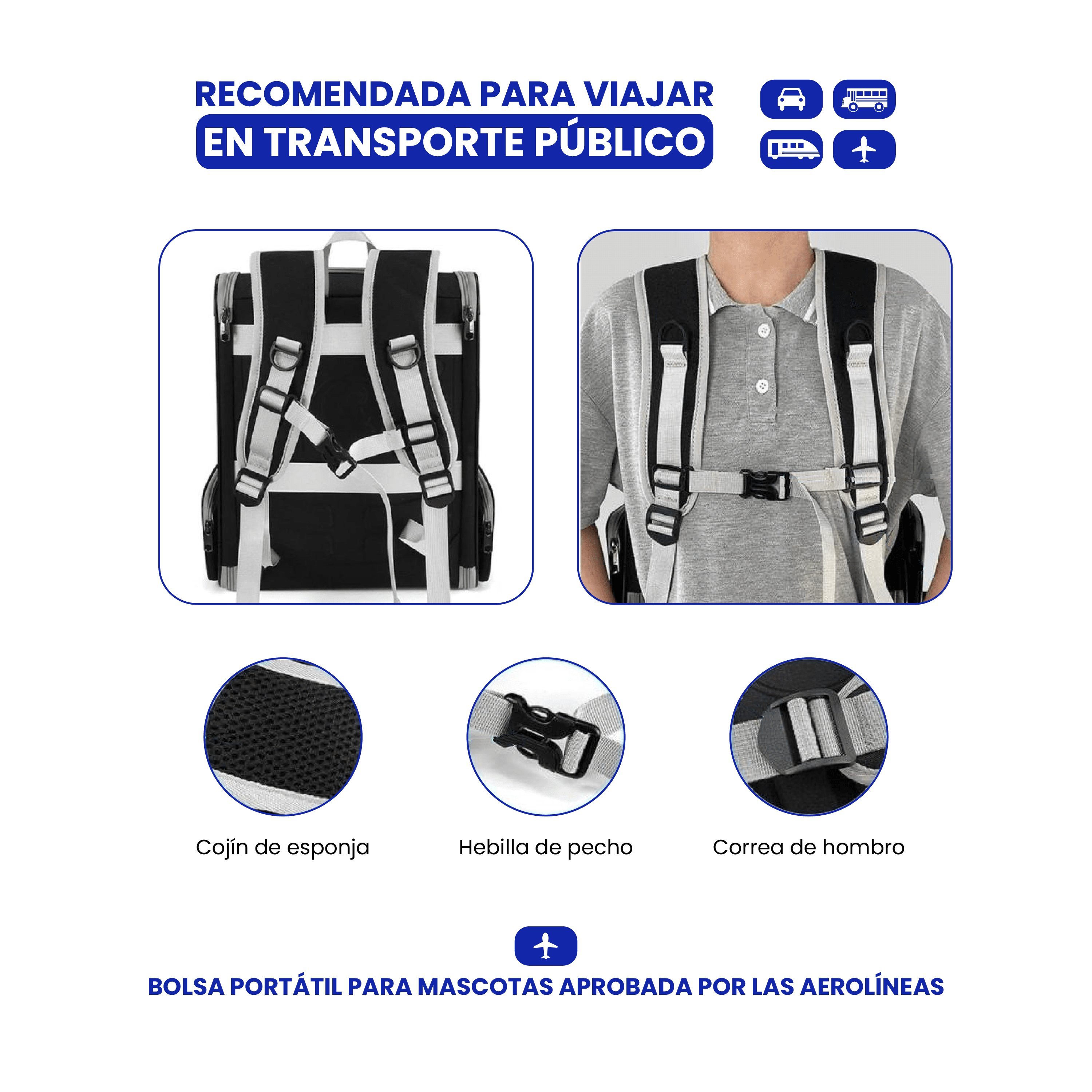 La imagen muestra una bolsa transportadora para mascotas, con detalles de las correas de la mochila y una persona que la usa.