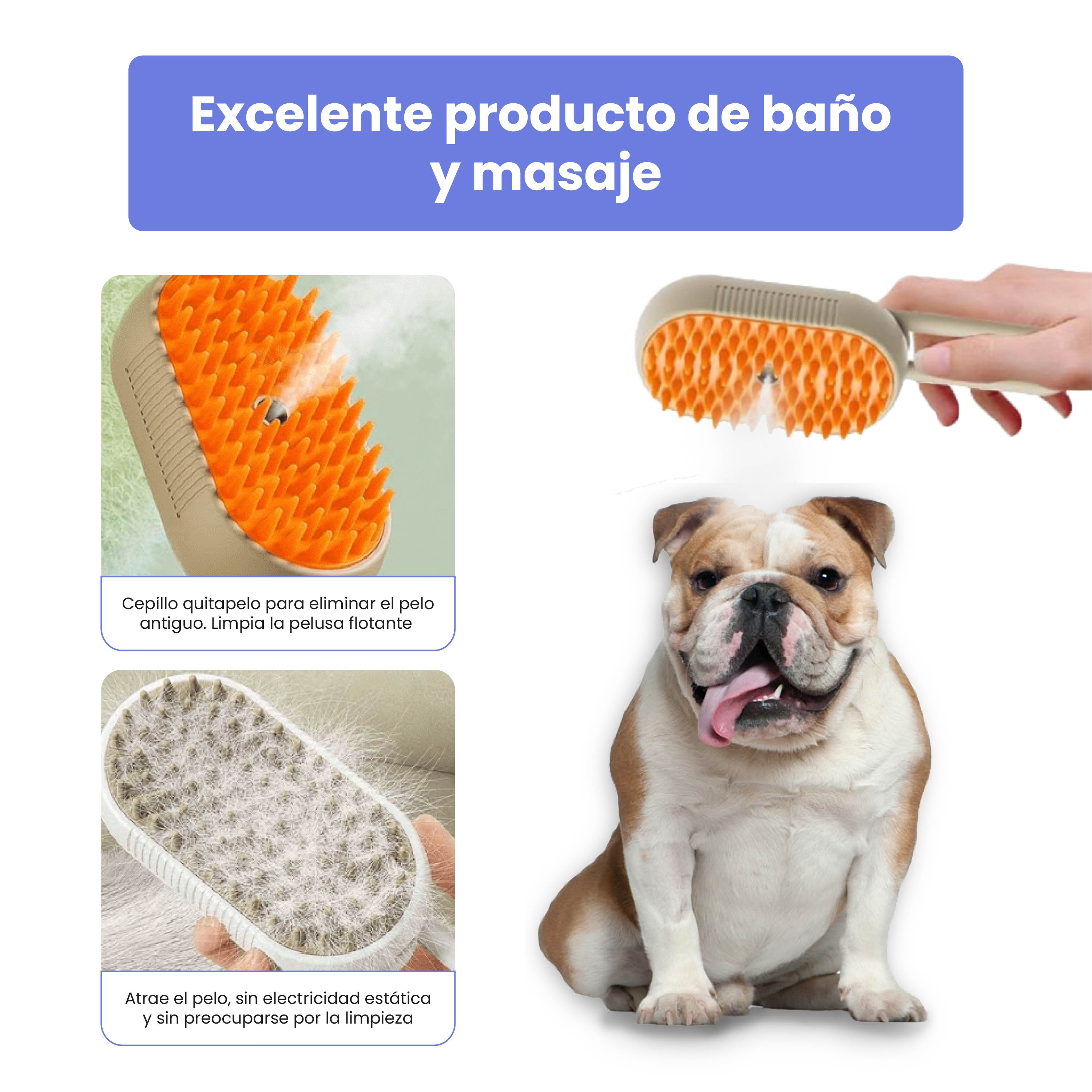 La imagen muestra un perro y herramientas de aseo. El texto dice: "Excelente producto de baño y masaje".