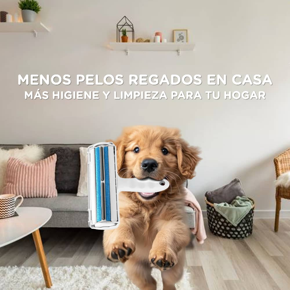 Un cachorro golden retriever sostiene un rodillo quitapelusas. El texto dice: 'Menos pelo en casa, más higiene y limpieza para tu hogar'.
