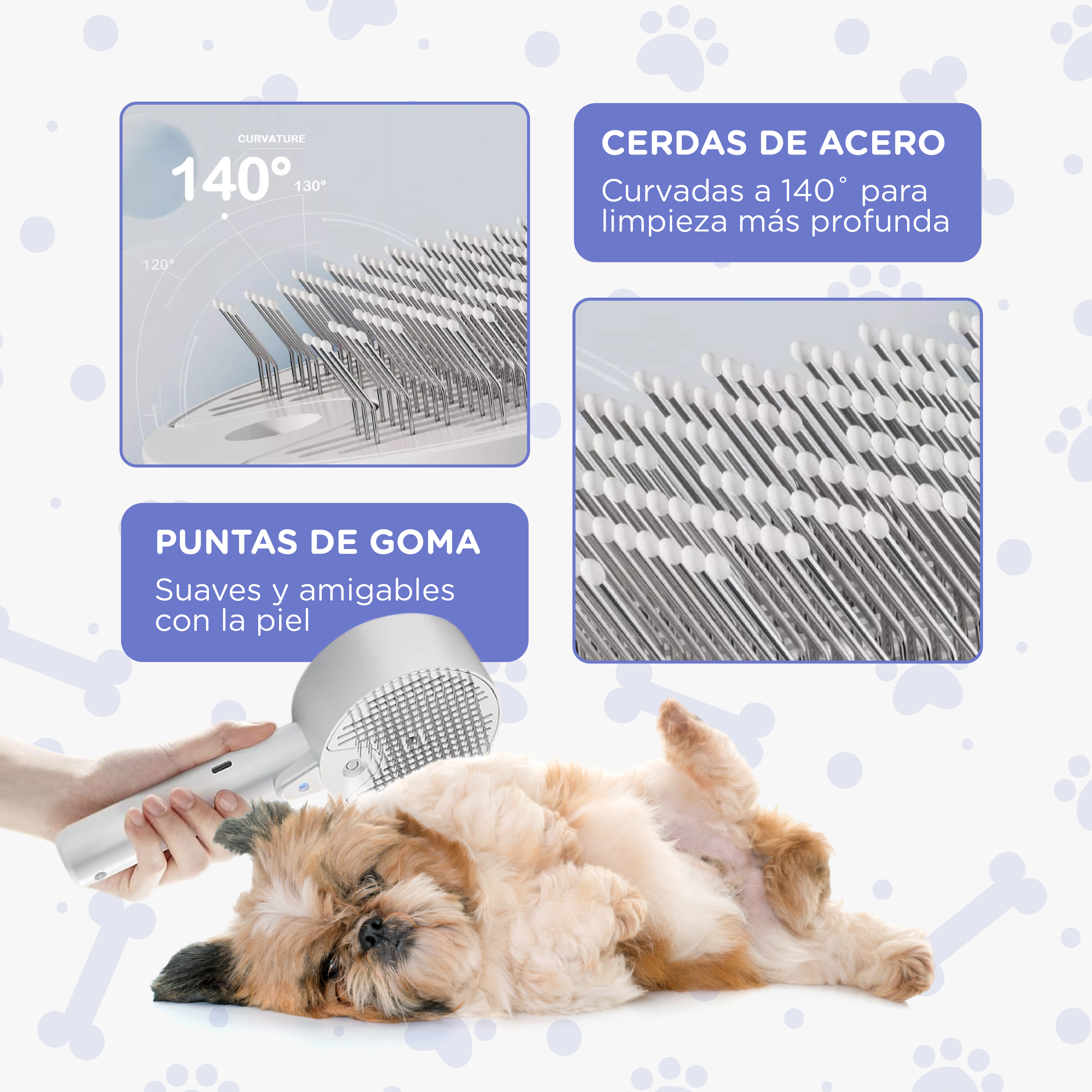 Un perro yace boca arriba mientras lo acicalan con un cepillo. El cepillo tiene cerdas de acero y puntas de goma.