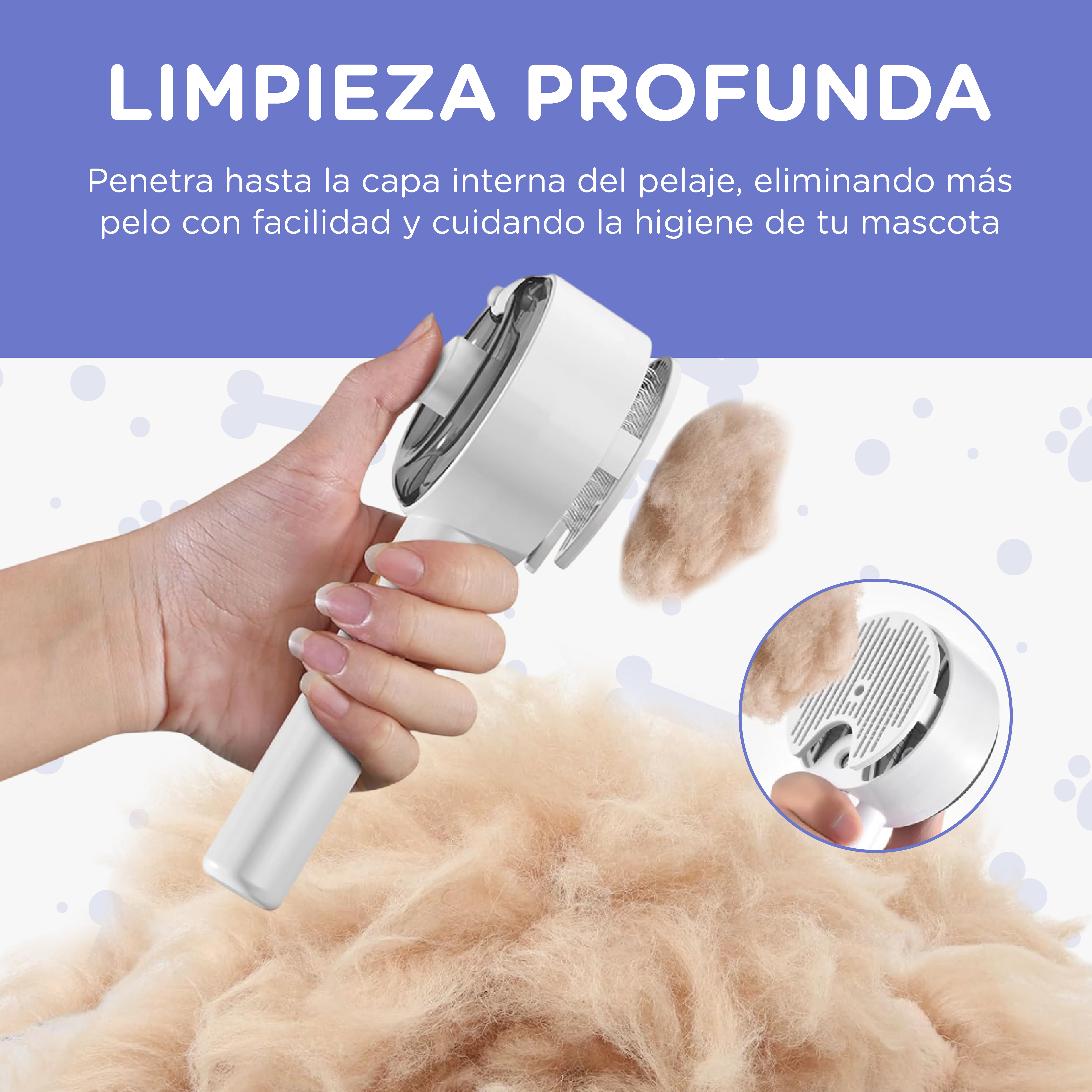 Una mano sostiene un cepillo blanco para mascotas, quitando pelo de un montón de pelo. Texto dice 'Limpieza Profunda'.