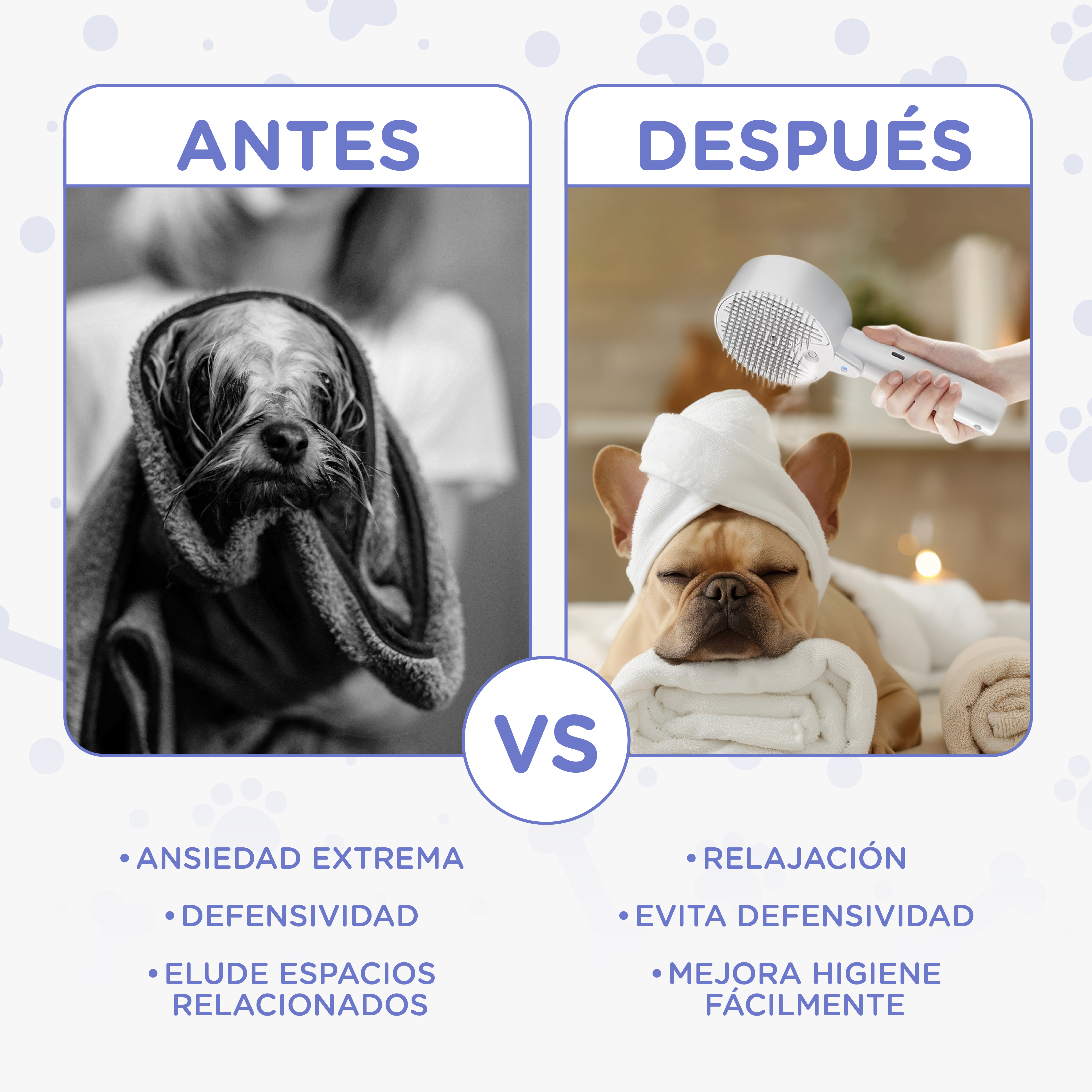 La imagen muestra una comparación del antes y el después del aseo de un perro. Antes: perro estresado envuelto en una toalla. Después: perro relajado con toalla.