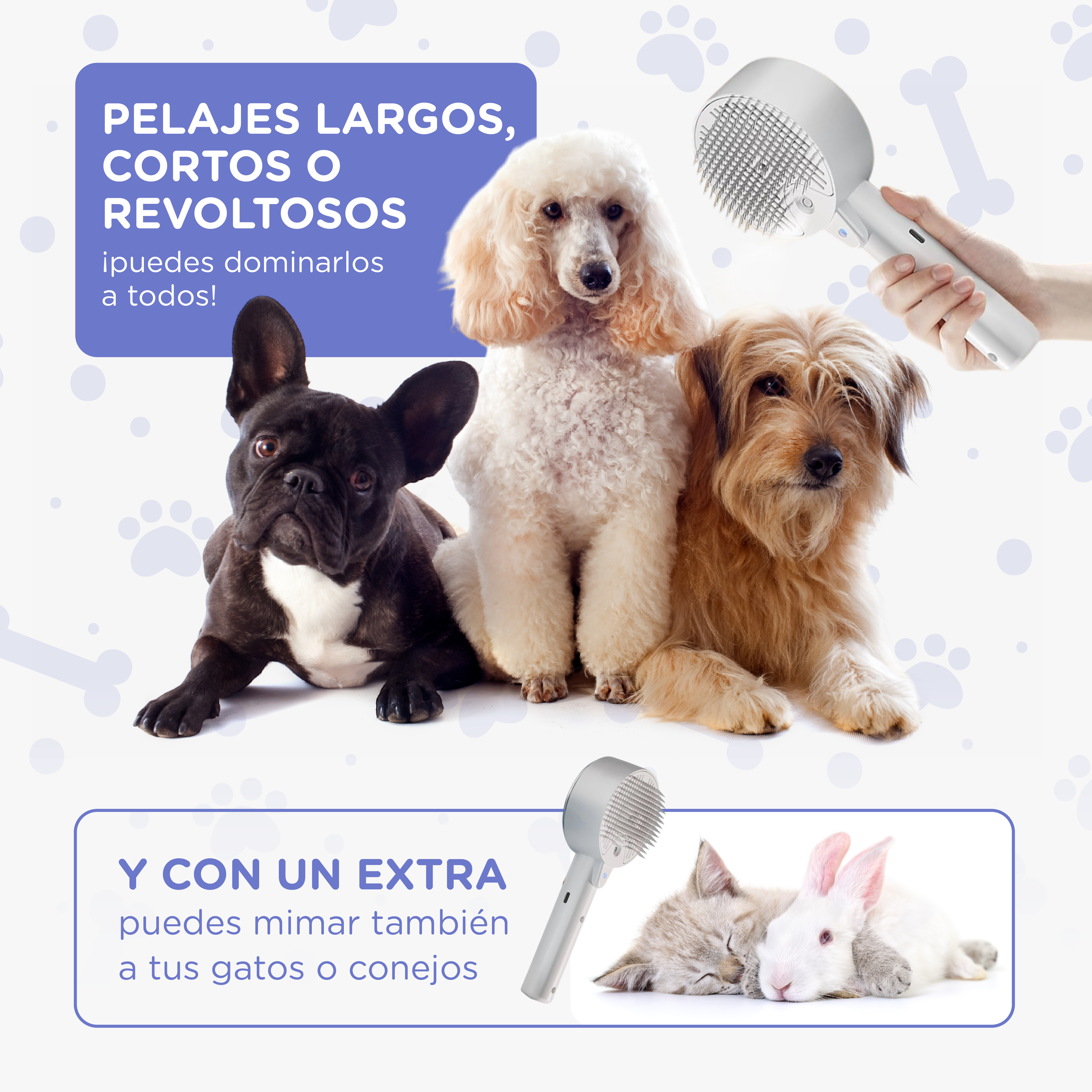 Imagen muestra tres perros, una herramienta de aseo y un gato y un conejo. El texto dice 'acicalar todos los pelajes'.