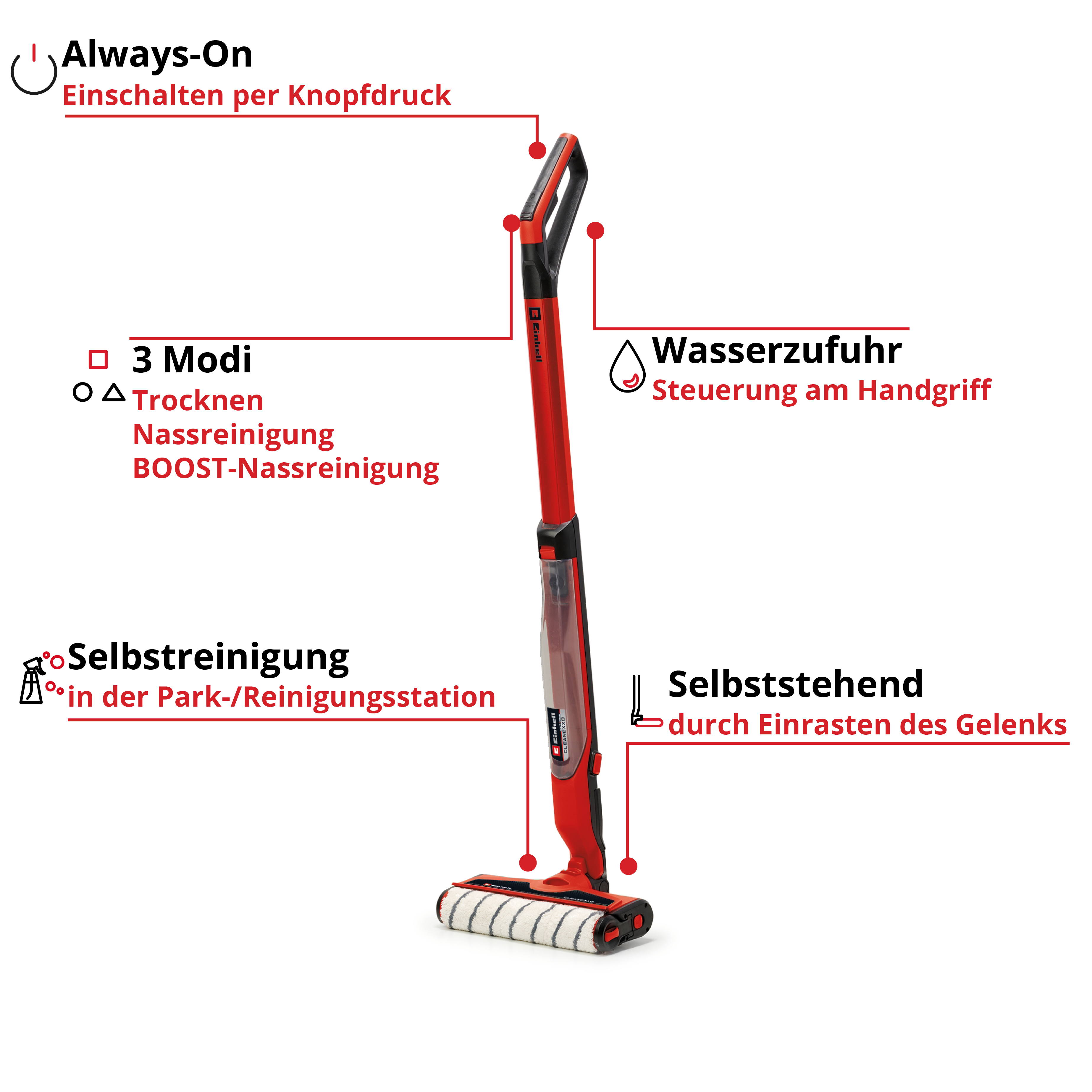 Rotes und schwarzes Reinigungsgerät mit mehreren Funktionen, einschließlich Wasserversorgung und Selbstreinigung.