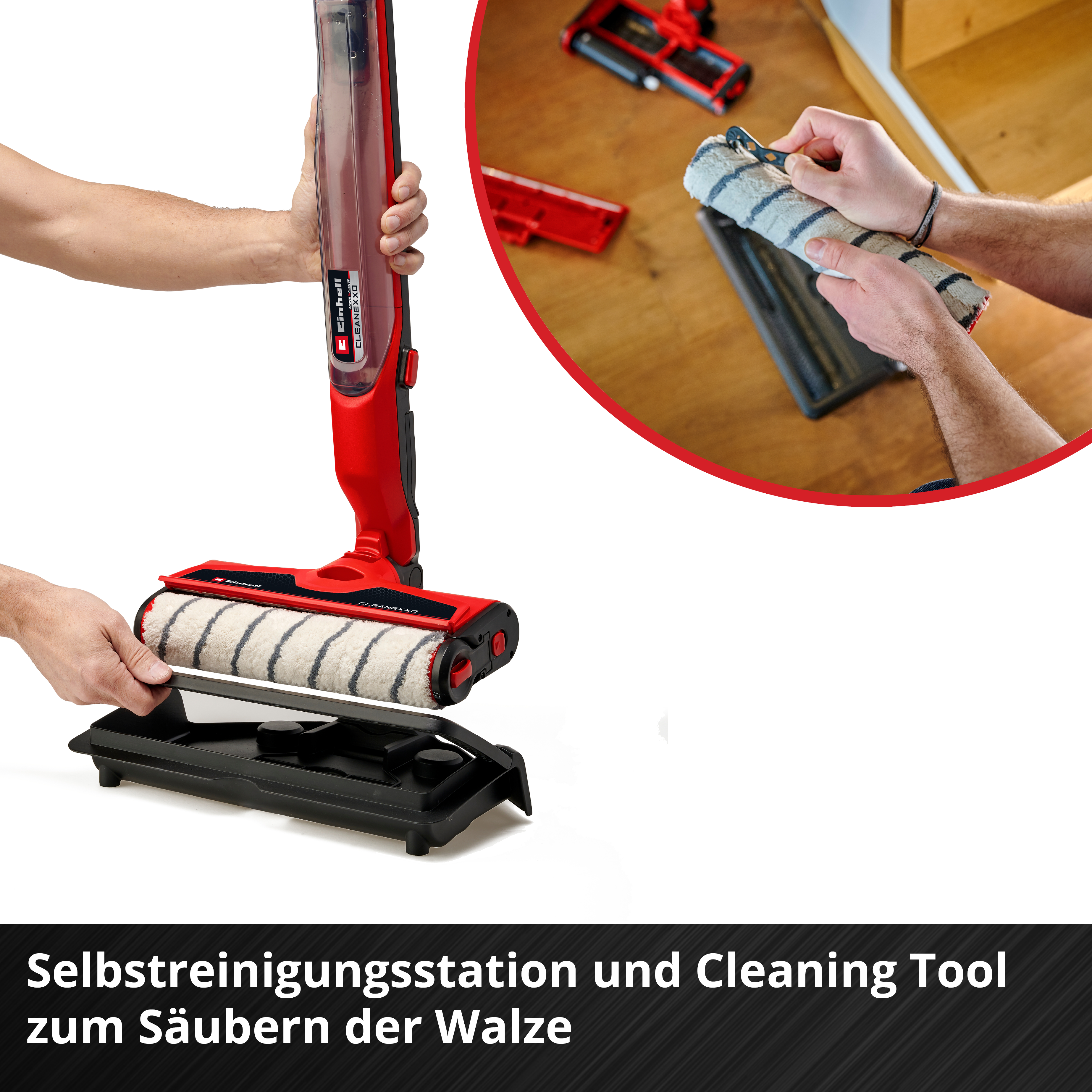 Ein Reinigungsgerät wird zusammengebaut. Ein rotes Gerät wird gezeigt, wobei eine Walze in eine schwarze Basis eingesetzt wird. Eine andere Hand hält das Reinigungsgerät.