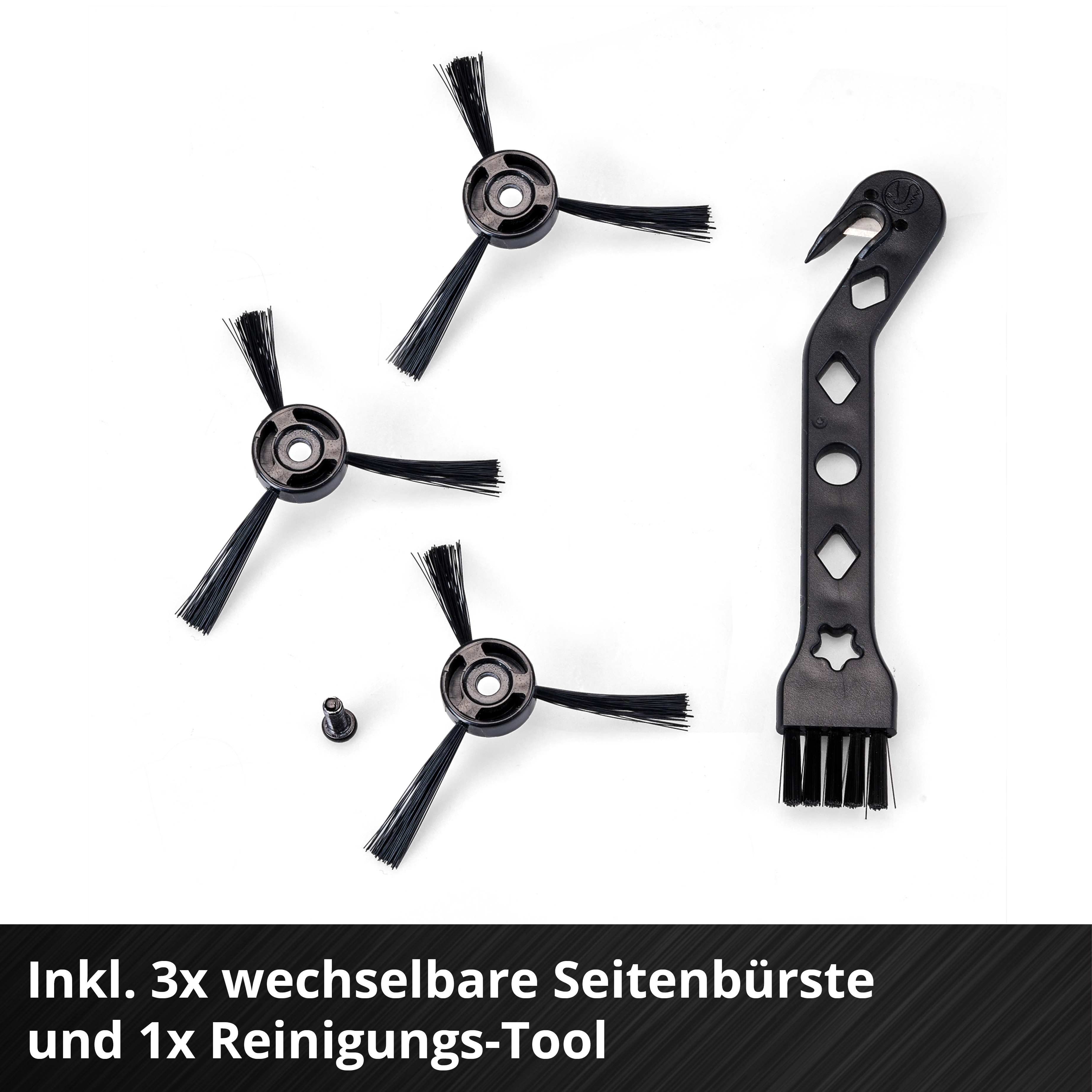 Das Bild zeigt Staubsaugerteile: drei schwarze Seitenbürsten, ein Reinigungswerkzeug und eine Schraube auf weißem Hintergrund.