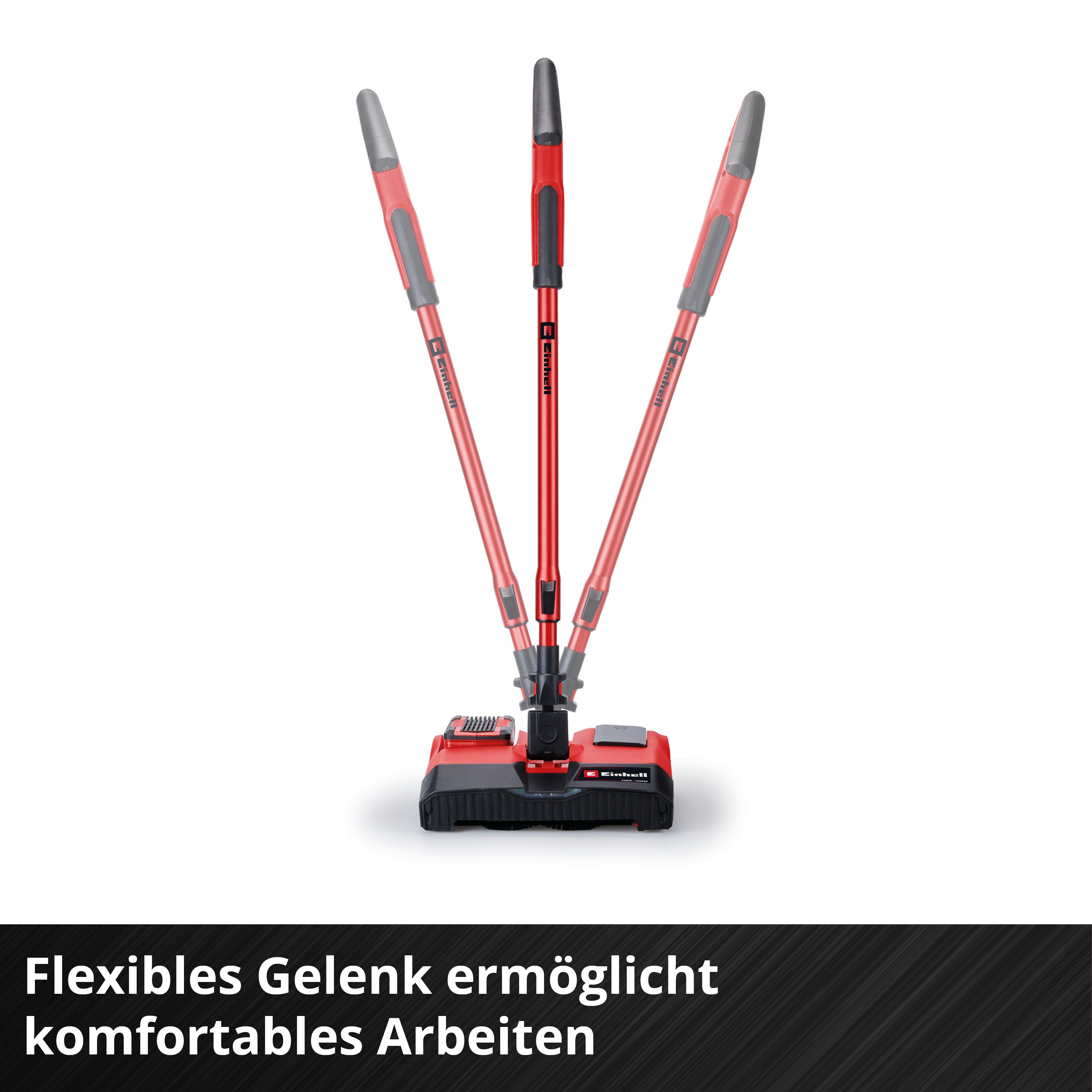 Ein roter und schwarzer Akku-Besen mit verstellbarem Griff. Das Einhell-Logo ist sichtbar. Der Hintergrund ist weiß.