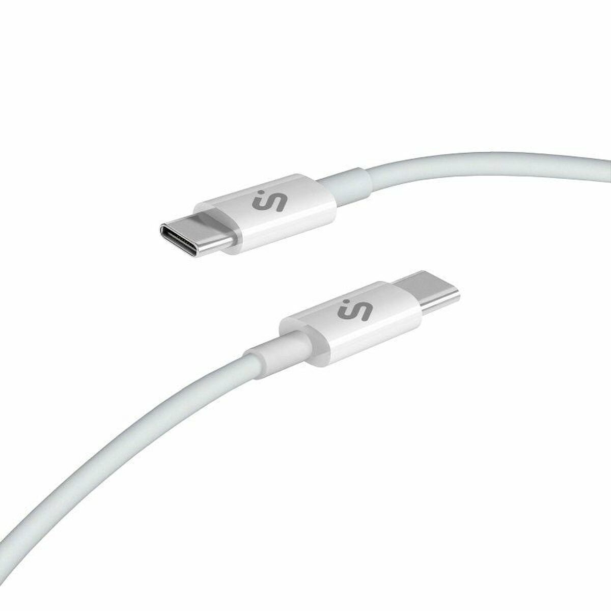 Zwei weiße USB-C-Kabel vor weißem Hintergrund. Jedes Kabel hat einen weißen Stecker mit einem 's' Logo.