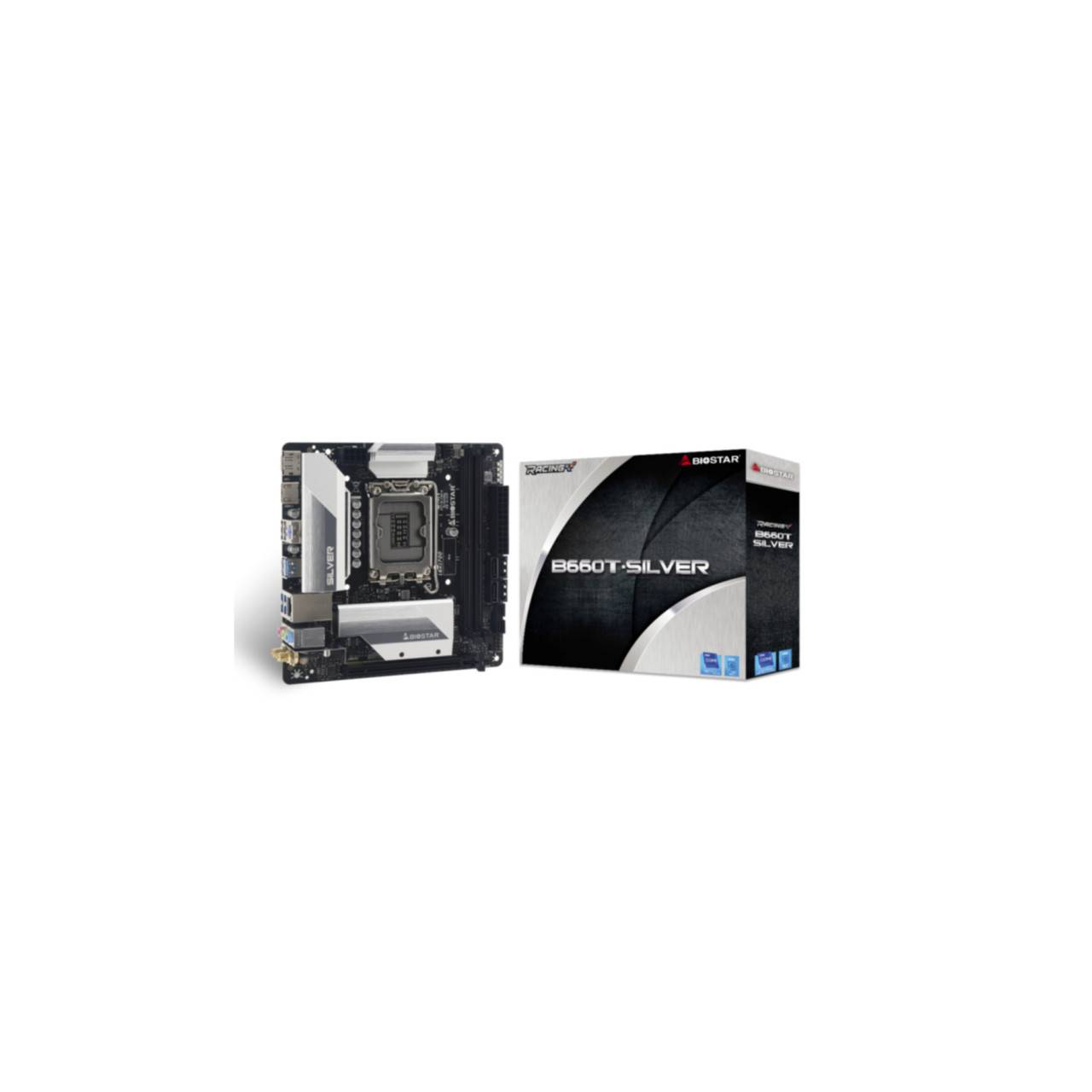 Ein Computer-Motherboard und seine Box auf weißem Hintergrund. Auf der Box steht B660T-SILVER, das Motherboard ist silber und schwarz.