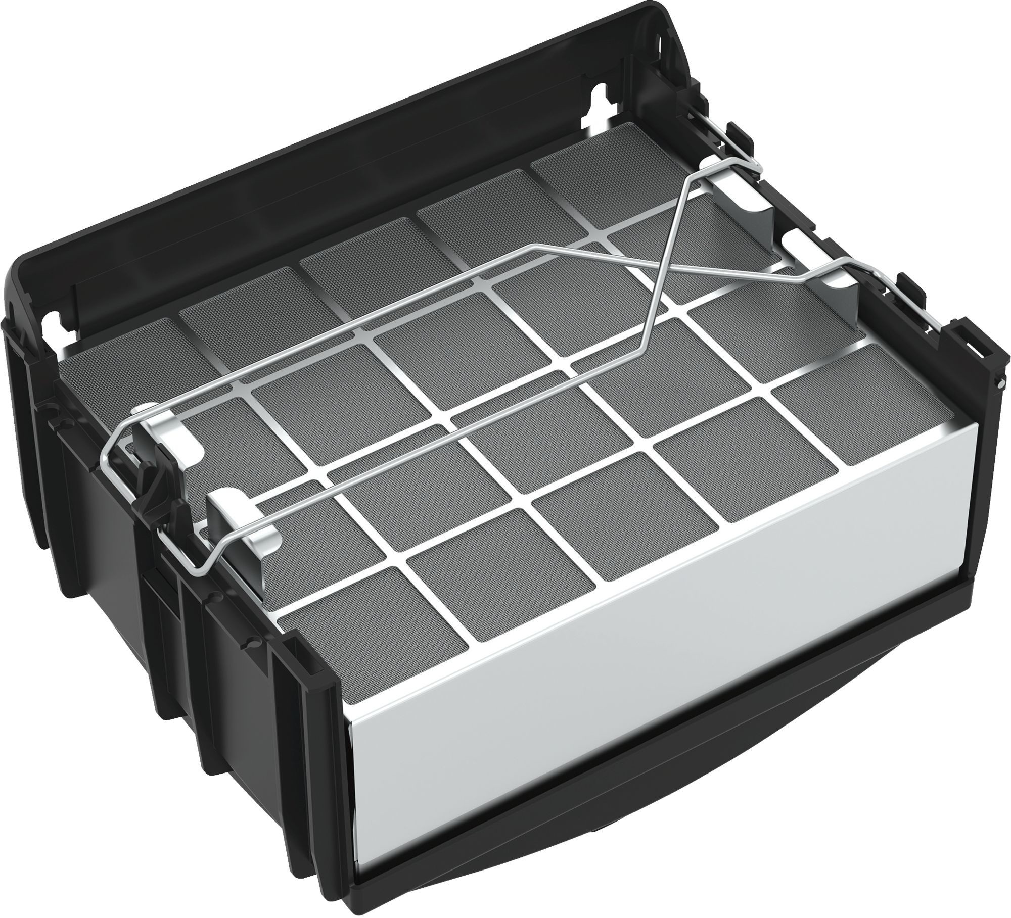 Eine schwarz-silberne Luftfilterbaugruppe. Sie hat einen schwarzen Außenrahmen, ein silbernes Metallgitter und einen weißen Filter.