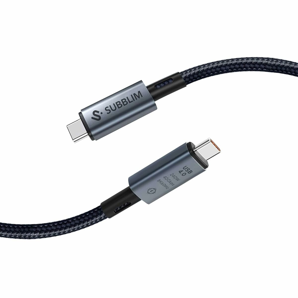 Zwei USB-C-Kabel auf weißem Hintergrund. Eines trägt die Aufschrift 'SUBBLIM'. Auf dem anderen steht 'USB 4.0 240W 40 Gbit/s 8K60Hz'.