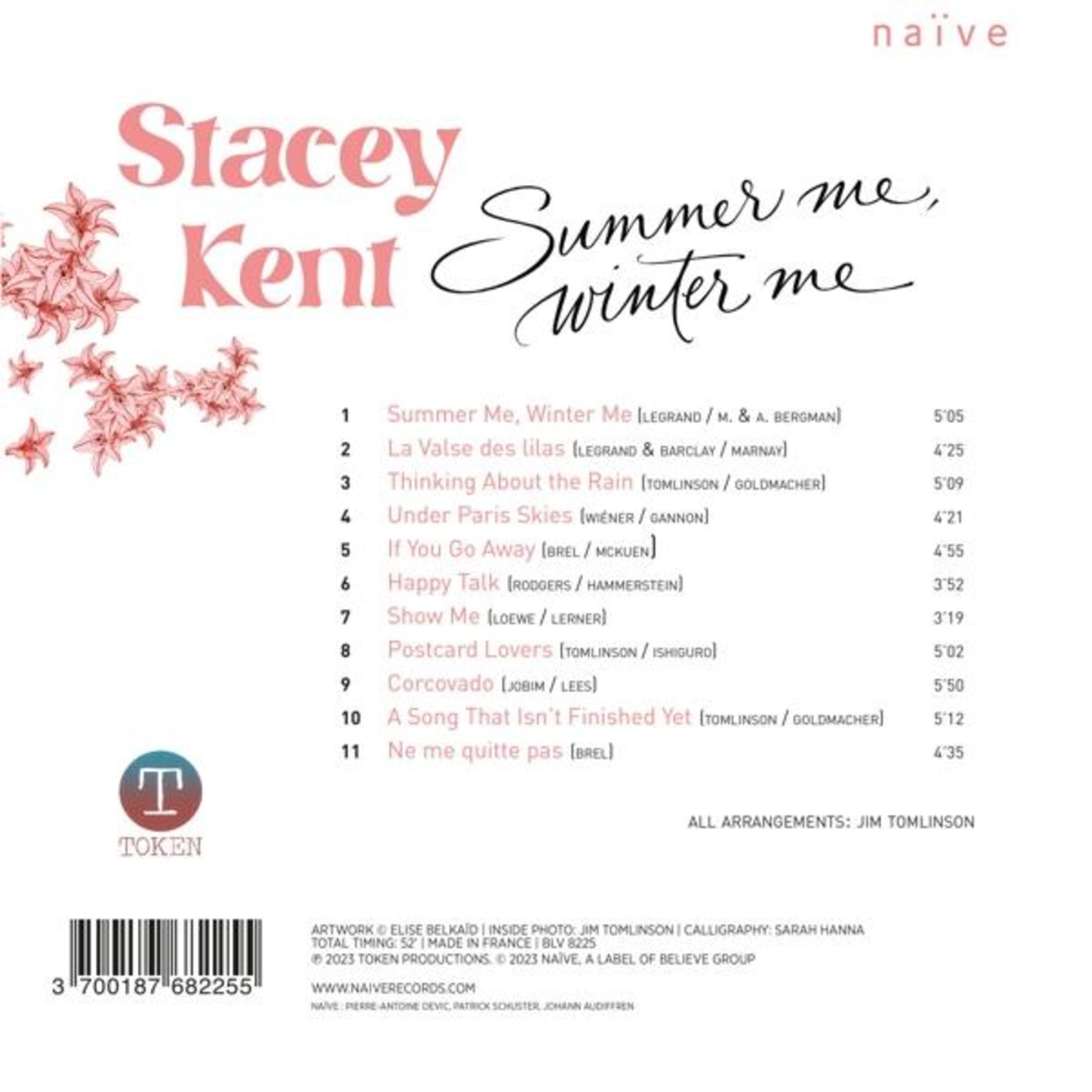 Copertina dell'album con il nome di Stacey Kent, il titolo 'Summer Me, Winter Me', la lista dei brani e il logo dell'etichetta discografica.