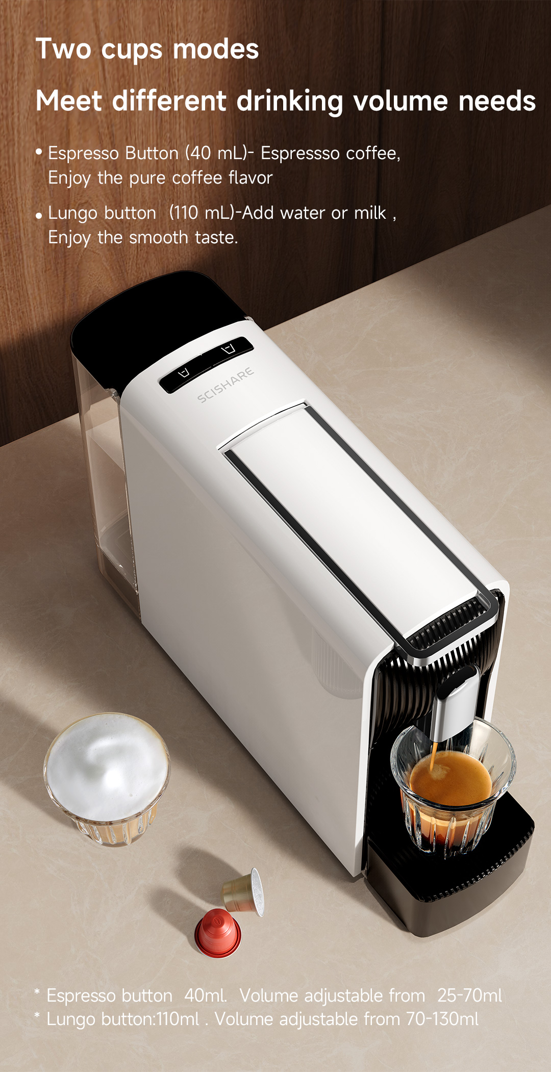 Una cafetera blanca con dos tazas de café y texto sobre los modos espresso y lungo.