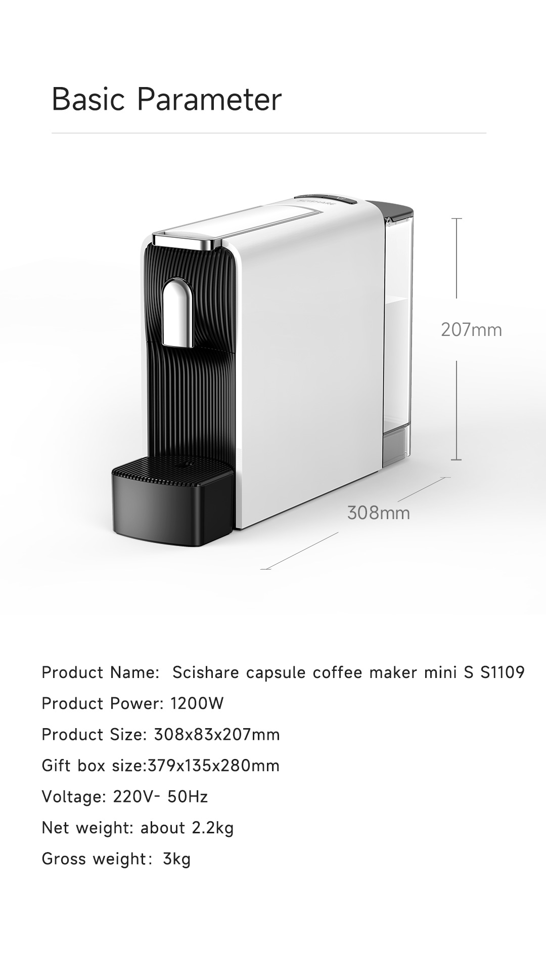 Cafetera de cápsulas Scishare blanca. Tiene una base negra y un depósito de agua transparente. Se muestran las dimensiones.