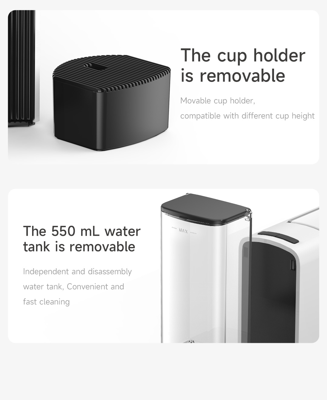 Portavasos negro y un producto blanco con un tanque de agua transparente. El texto dice: portavasos extraíble, móvil y compatible.