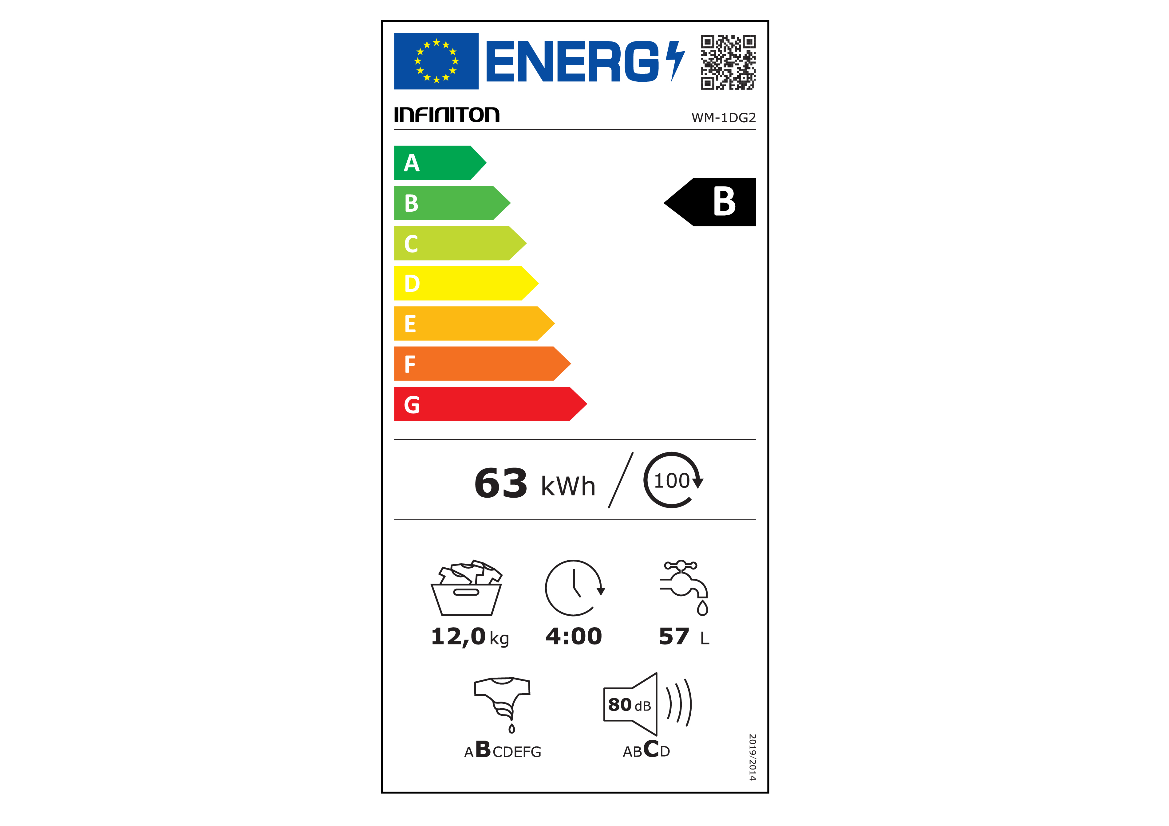 Etiqueta energética para una lavadora. Muestra la clase B, 63 kWh, 12,0 kg, 4:00, 57 L y 80 dB.