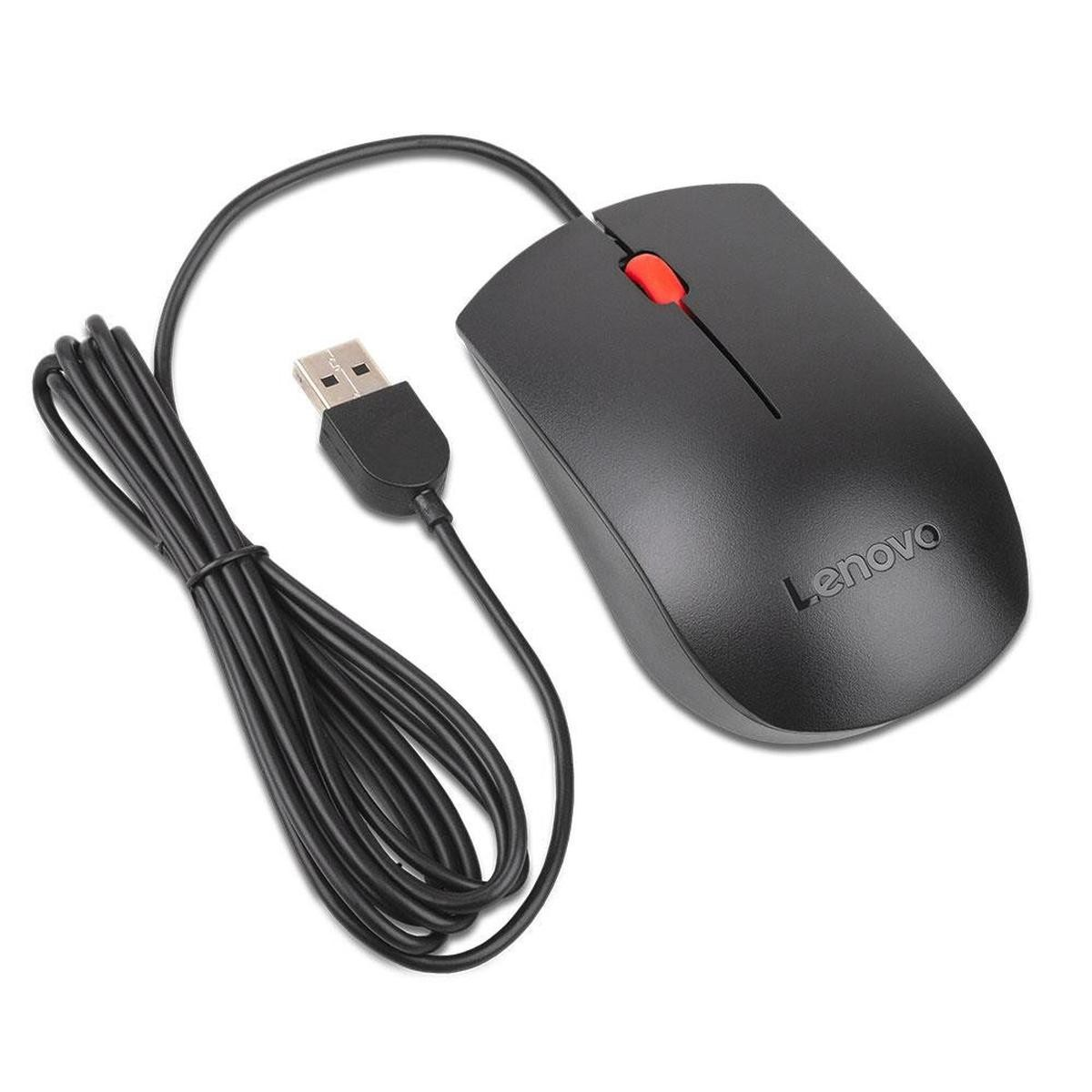 Czarna przewodowa mysz Lenovo z czerwonym kółkiem przewijania. Ma czarny kabel i złącze USB.