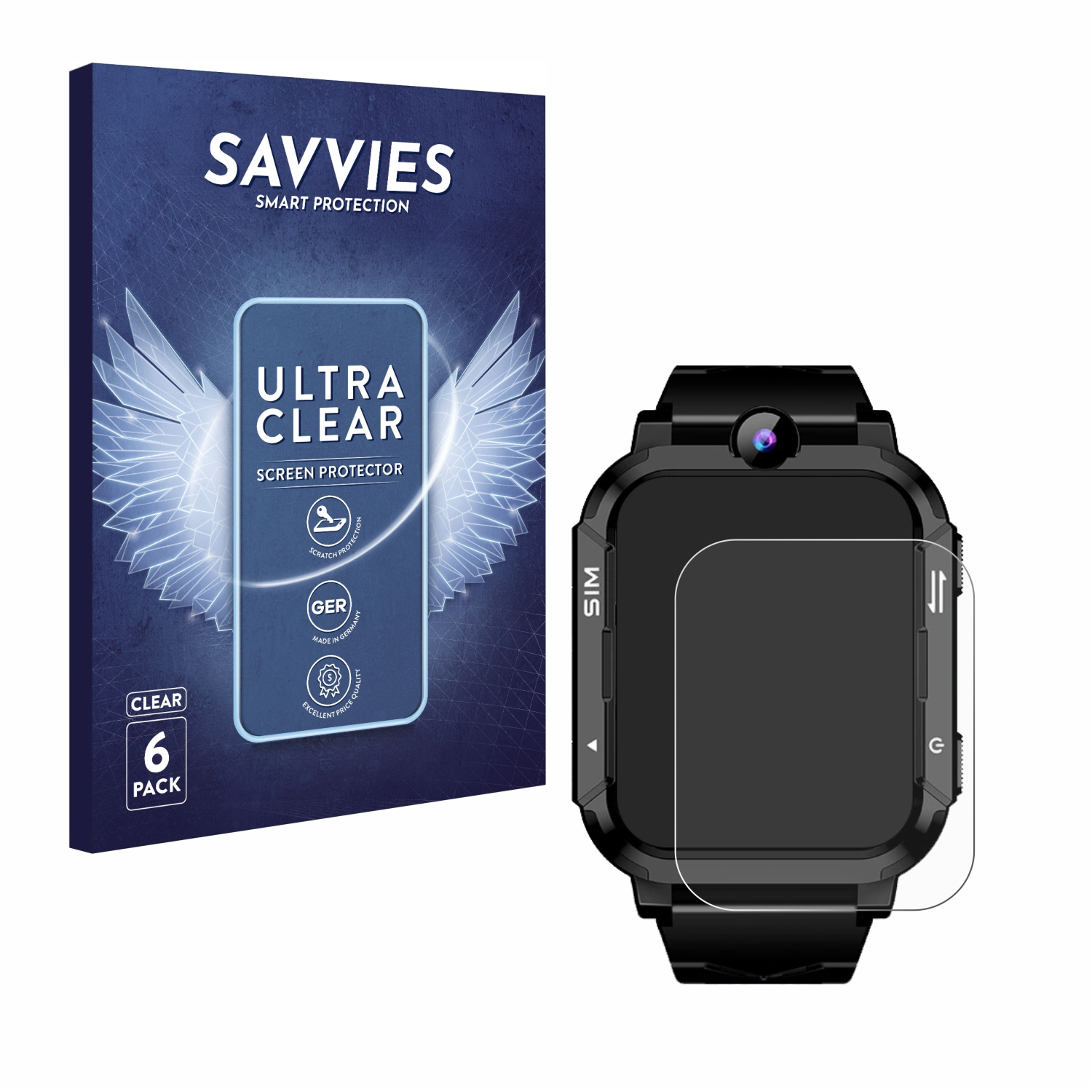 Eine Packung Displayschutzfolien und eine schwarze Smartwatch mit aufgebrachter Schutzfolie sind vor weißem Hintergrund abgebildet.