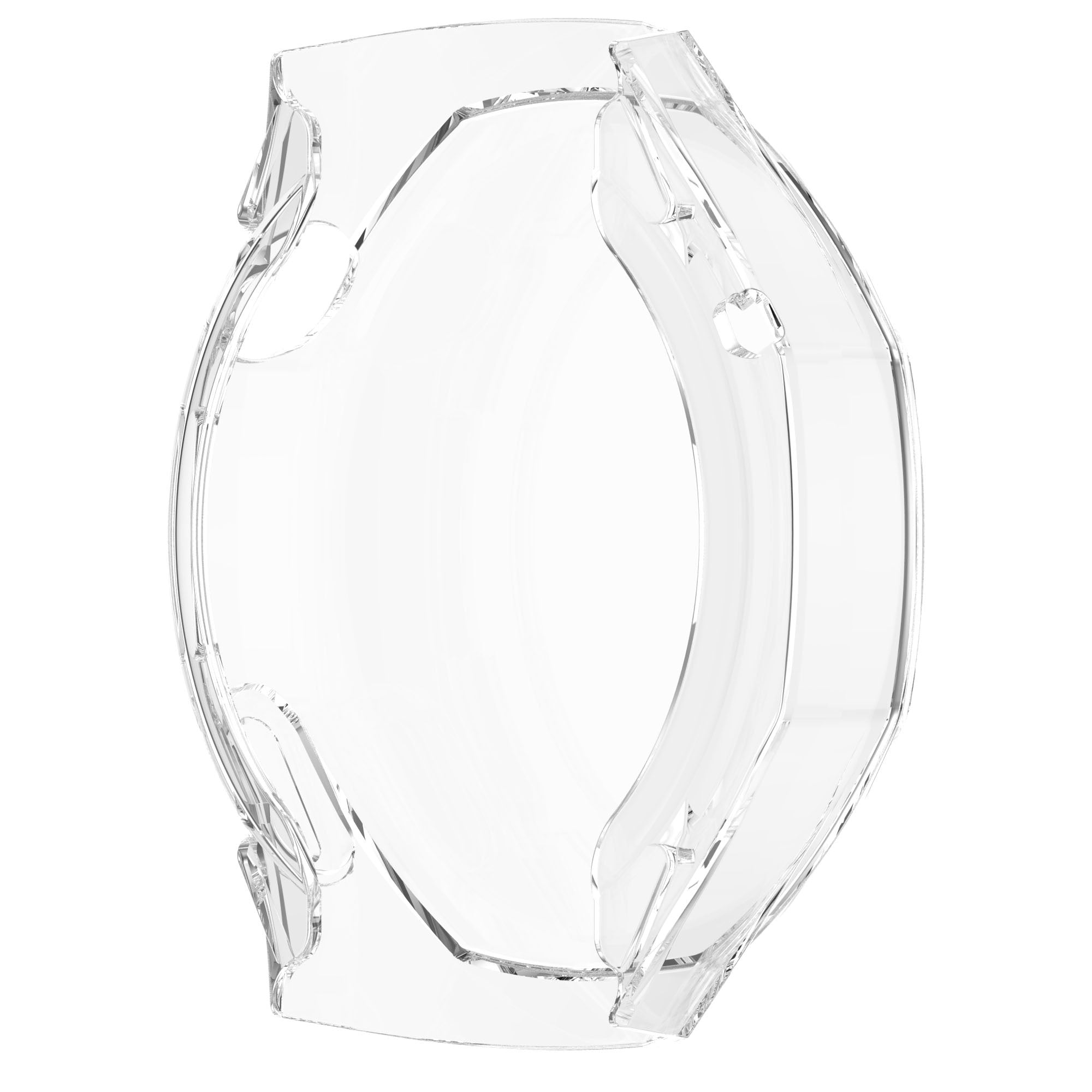 Eine transparente Kunststoff-Uhrenhülle, die die Uhr vor äußeren Einflüssen schützt. Es ist leer und hat ein gebogenes Design.