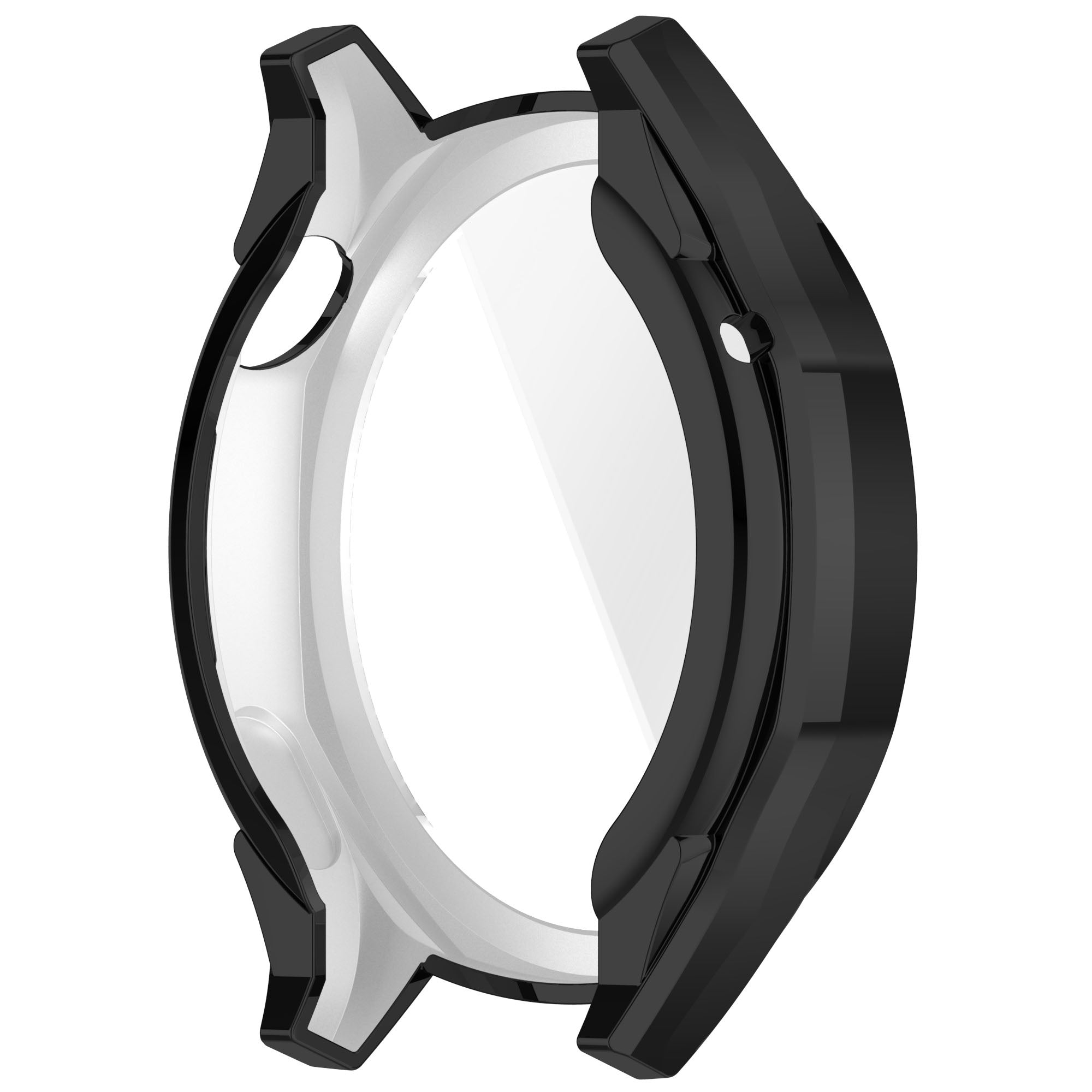 Ein schwarzes Uhrengehäuse mit einem durchsichtigen Displayschutz, isoliert auf weißem Hintergrund. Das Gehäuse hat ein glänzendes Finish.