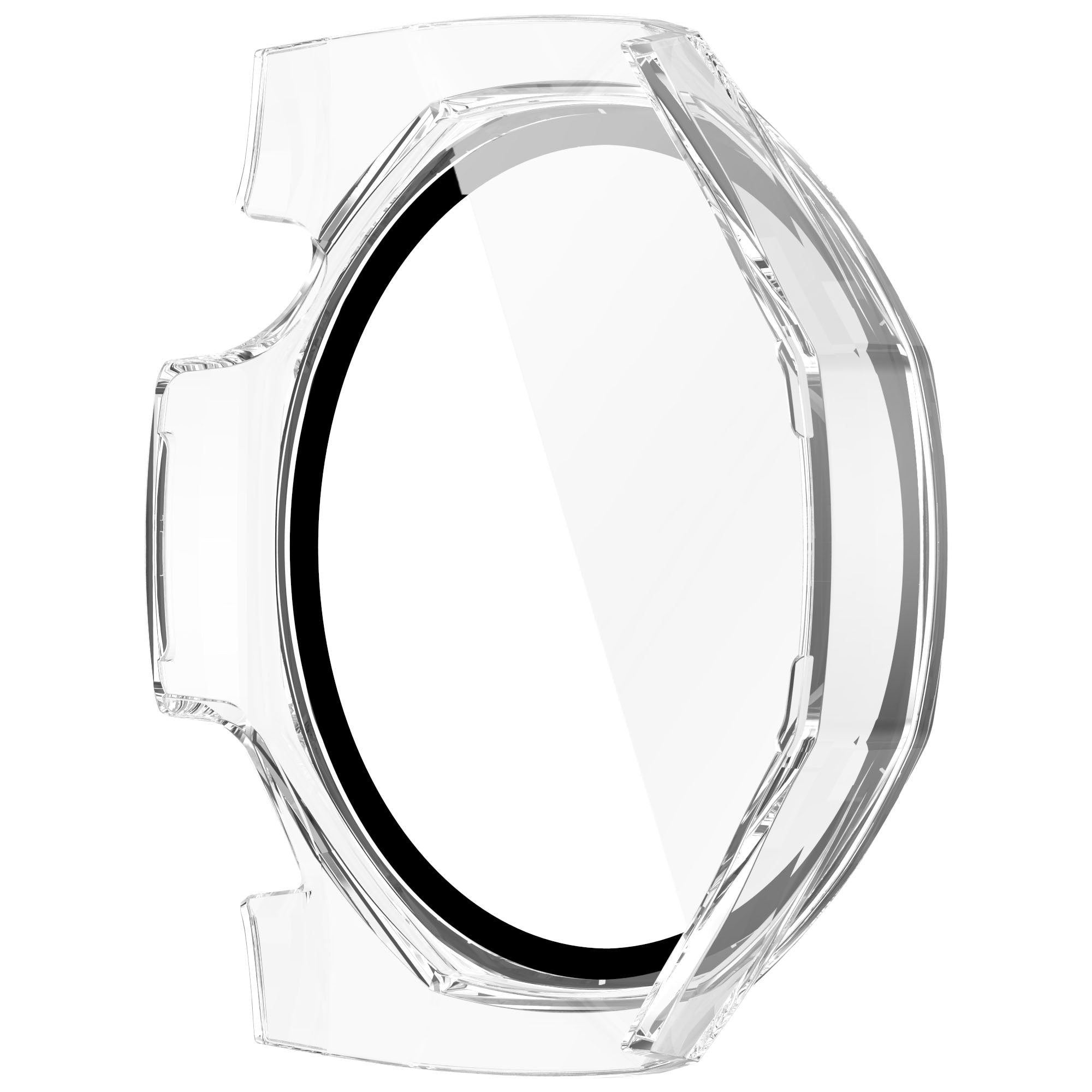 Eine klare, schützende Uhrenhülle. Sie hat ein kreisförmiges Design mit einem schwarzen Innenring und einem transparenten Kunststoff außen.