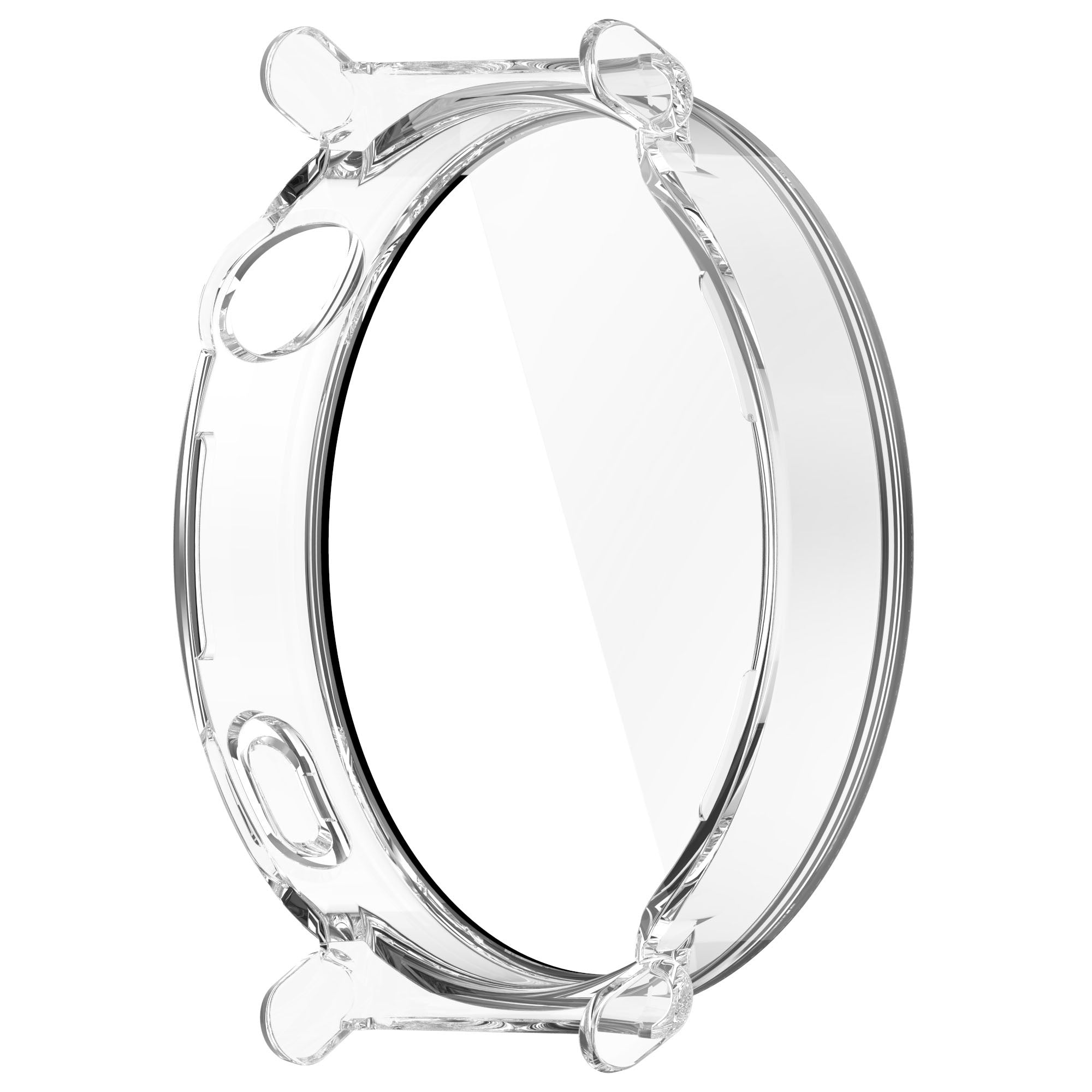 Transparente Uhrenhülle mit Schutzdesign. Die Hülle ist rund und hat einen klaren Bildschirm und vier Befestigungspunkte.