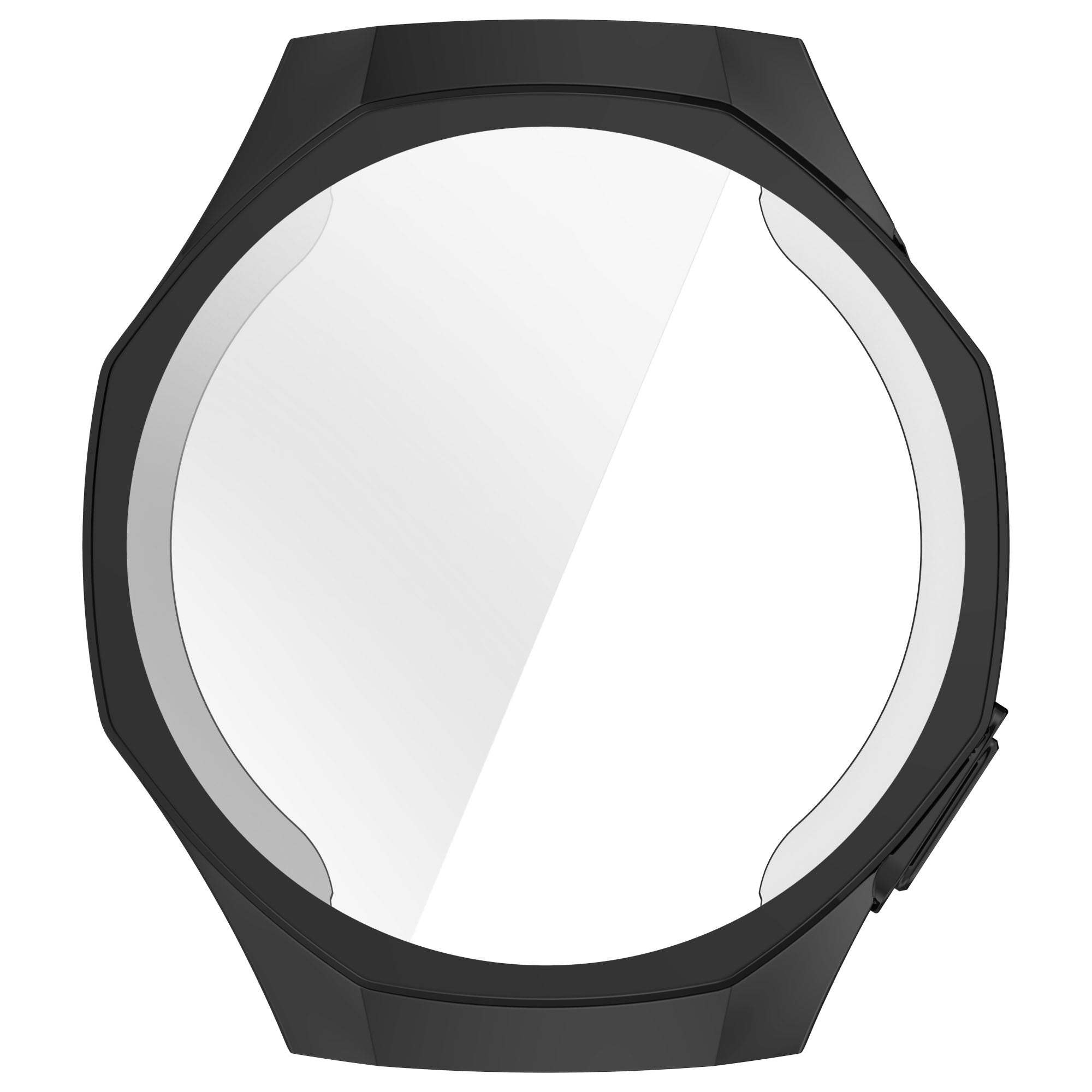 Eine schwarze Smartwatch-Lünette mit weißem Bildschirm. Das Design ist achteckig. Der Bildschirm ist klar und die Lünette glänzend.