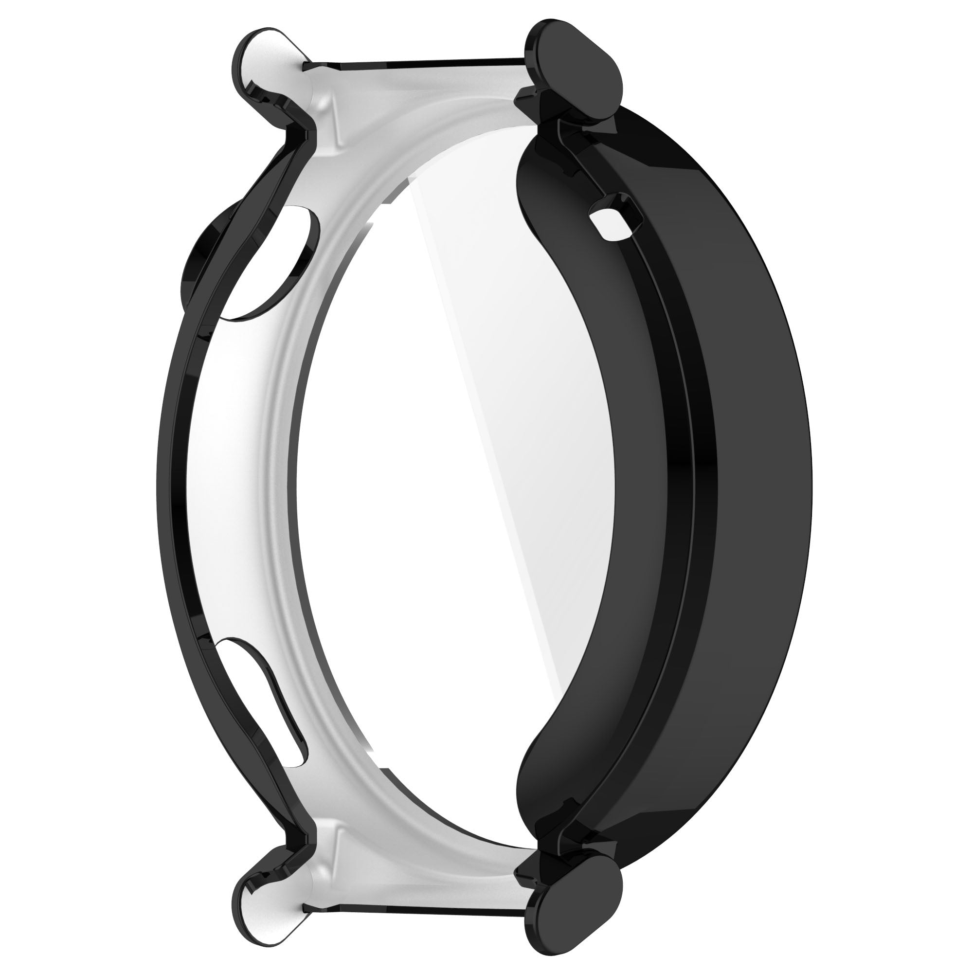 Ein schwarzes und silbernes Uhrengehäuse mit einem transparenten Displayschutz. Das Gehäuse hat eine runde Form mit Löchern.