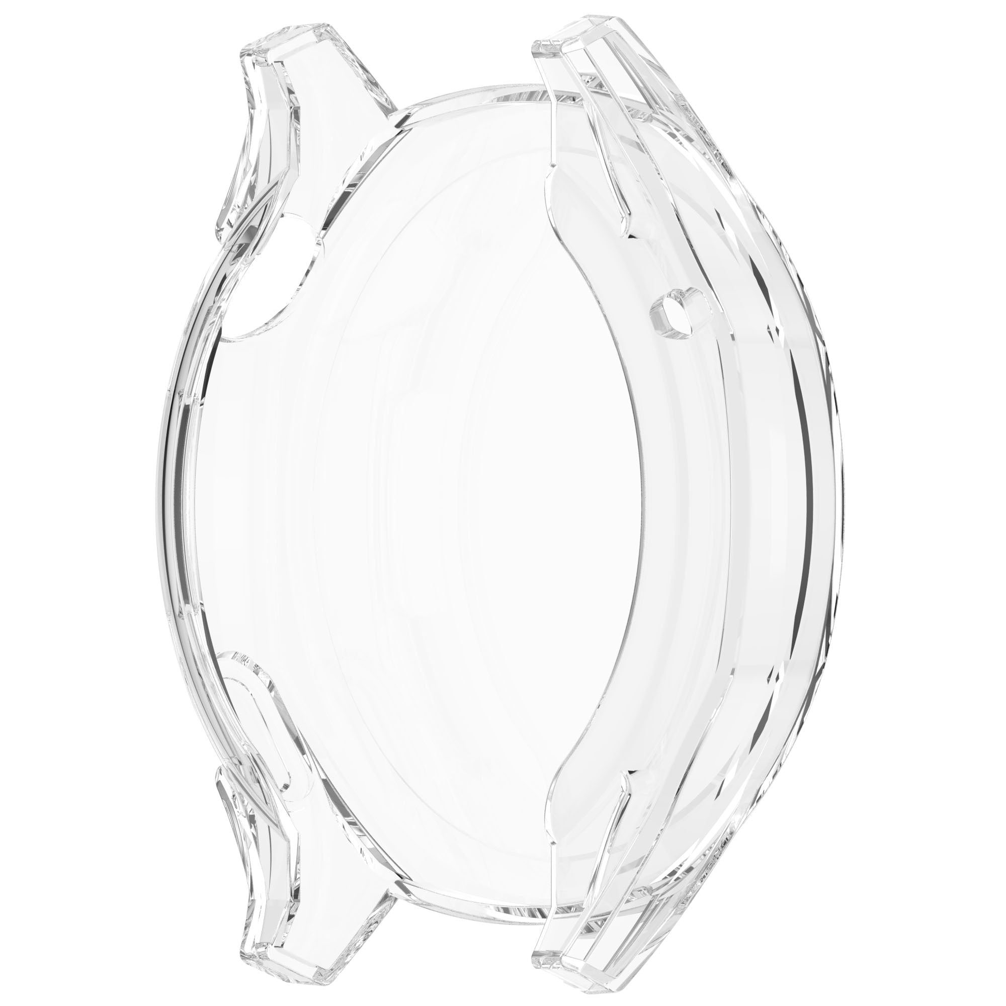 Transparente Uhrenhülle. Durchsichtiger Kunststoff, runde Form mit erhöhten Kanten und Aussparungen.