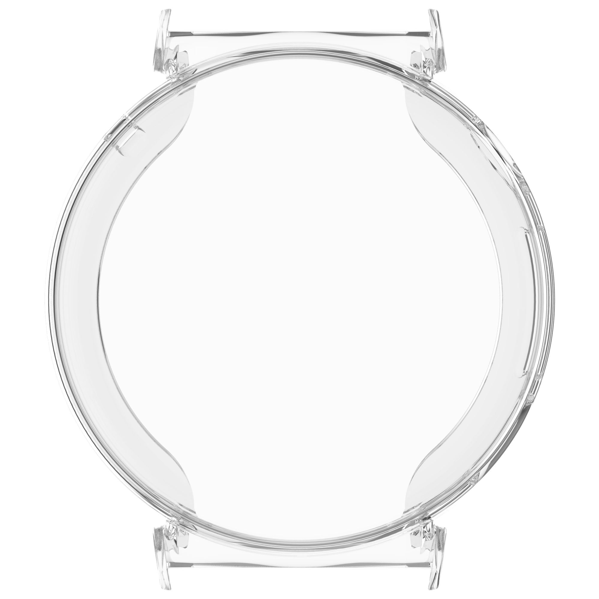 Ein transparenter, kreisförmiger Uhrenkoffer aus klarem Kunststoff. Er hat eine Ringform mit Befestigungspunkten oben und unten.