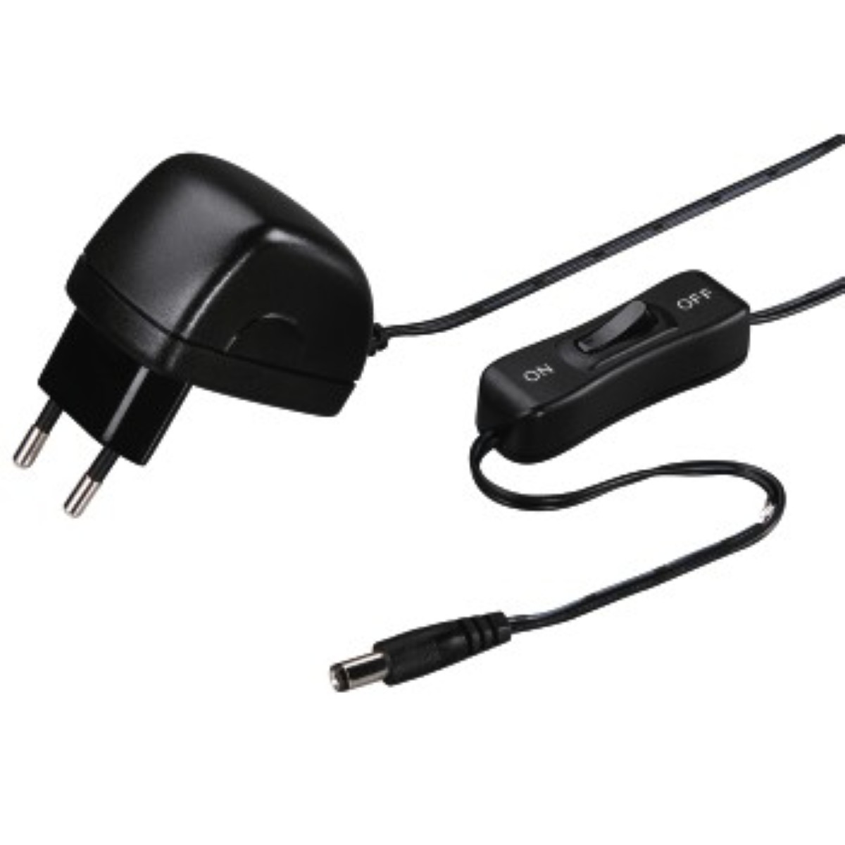 Schwarzes Netzteil mit Stecker, Schalter (EIN/AUS) und DC-Anschluss.