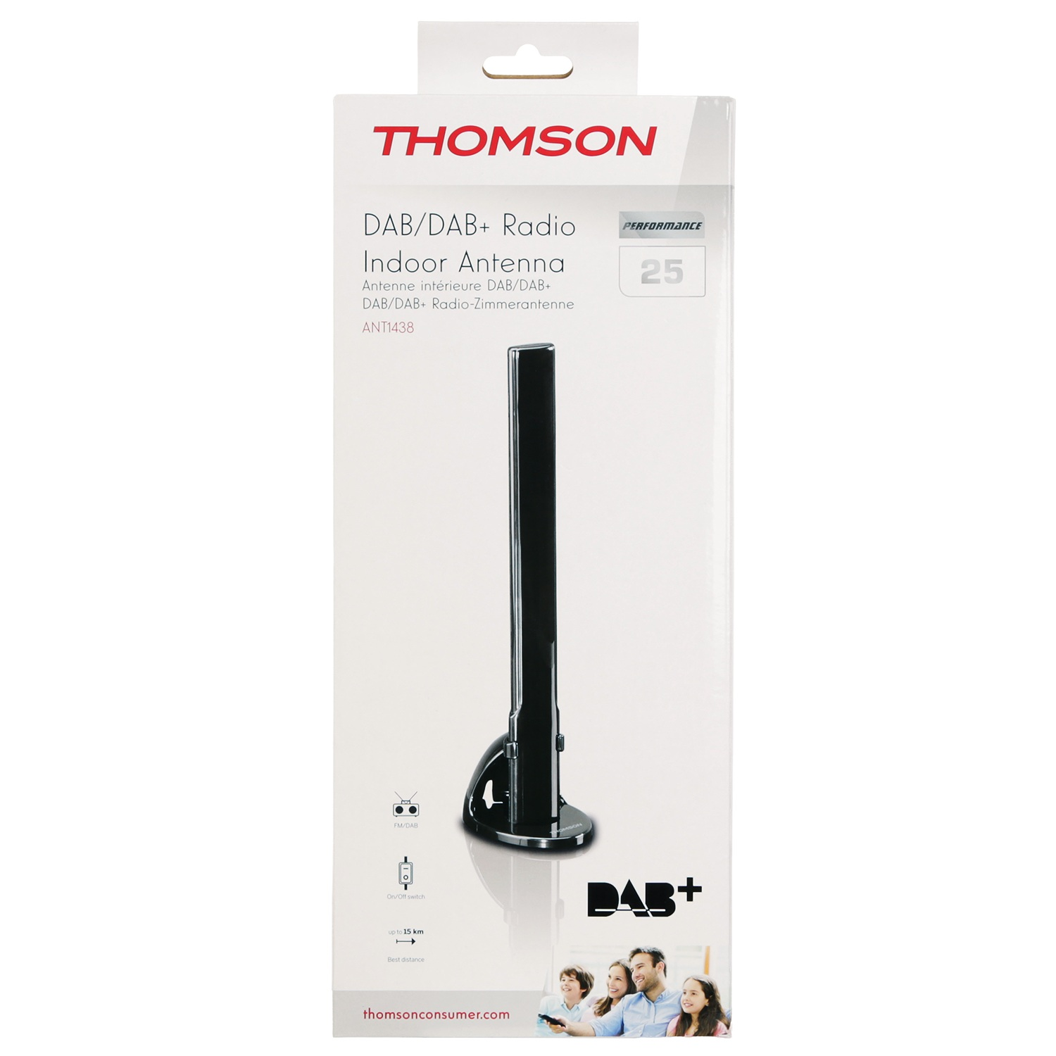 Eine Thomson DAB/DAB+ Indoor-Antennenbox. Sie hat eine schwarze Antenne und ein Familienbild unten. Text enthält 'DAB+' und '25'.