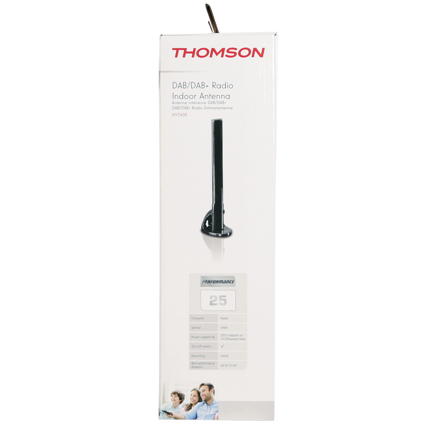 Eine weiße Schachtel mit Thomson-Logo. Sie zeigt eine DAB/DAB+-Radio-Innenantenne. Die Schachtel hat ein Bild der Antenne und einer Familie.