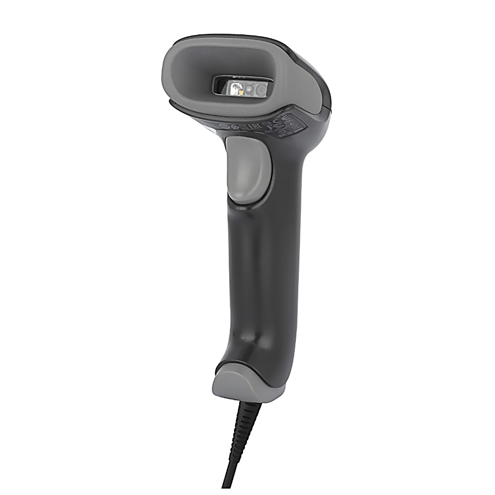 Uno scanner di codici a barre portatile. È principalmente nero con accenti grigi. Lo scanner ha un pulsante di attivazione e un cavo.